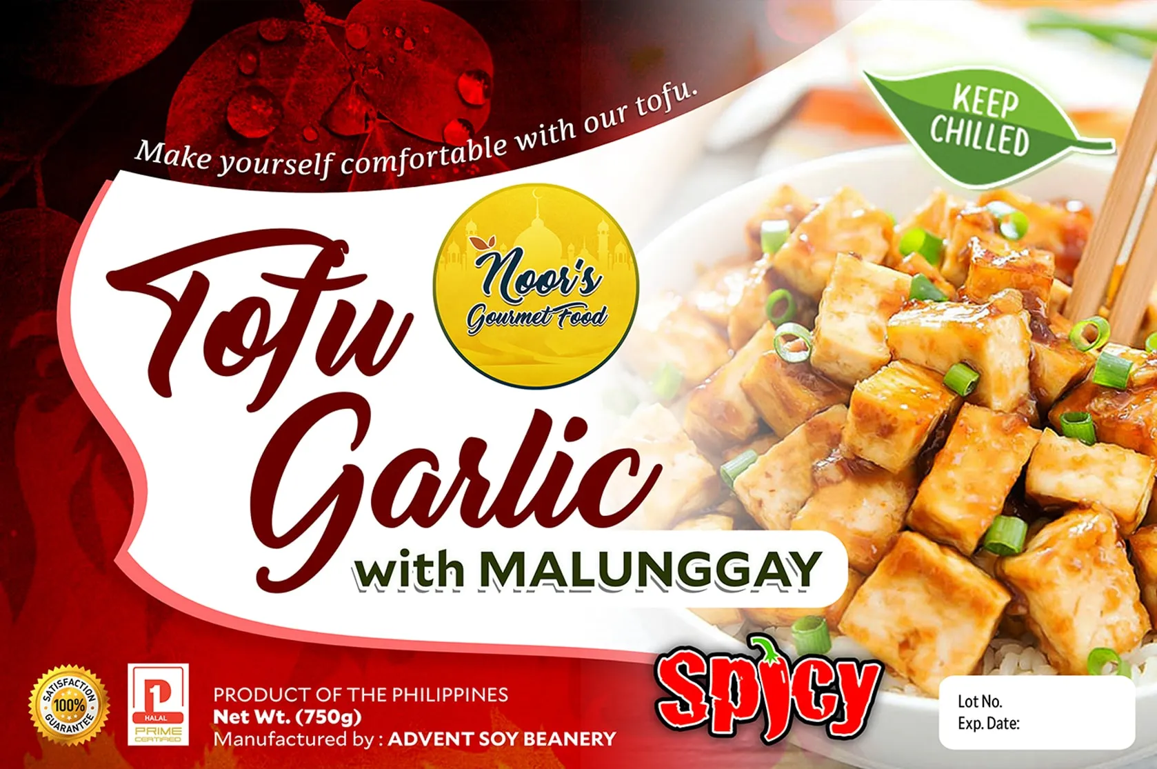 Spicy version of the Tofu Garlic with Malunggay label, in red with a "Spicy" badge.