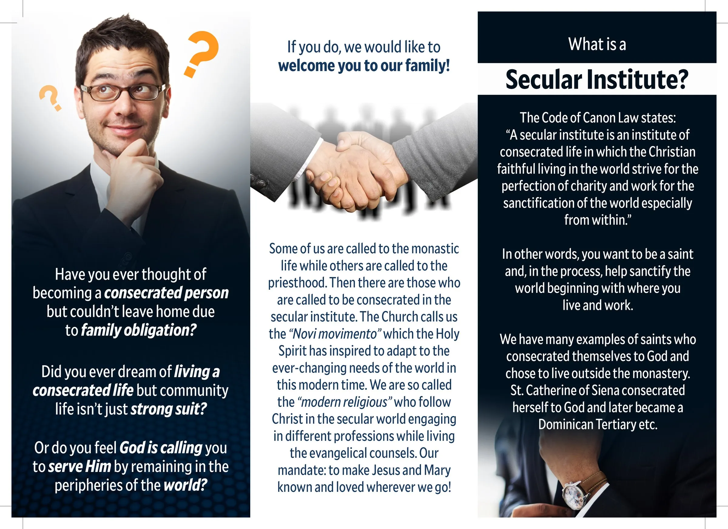 Inside of a tri-fold brochure explaining what a secular institute is, with a thoughtful man and a handshake.