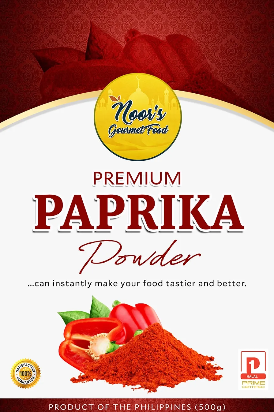 Noor's Gourmet Food label for Premium Paprika Powder: white and deep red design with red bell peppers and paprika.