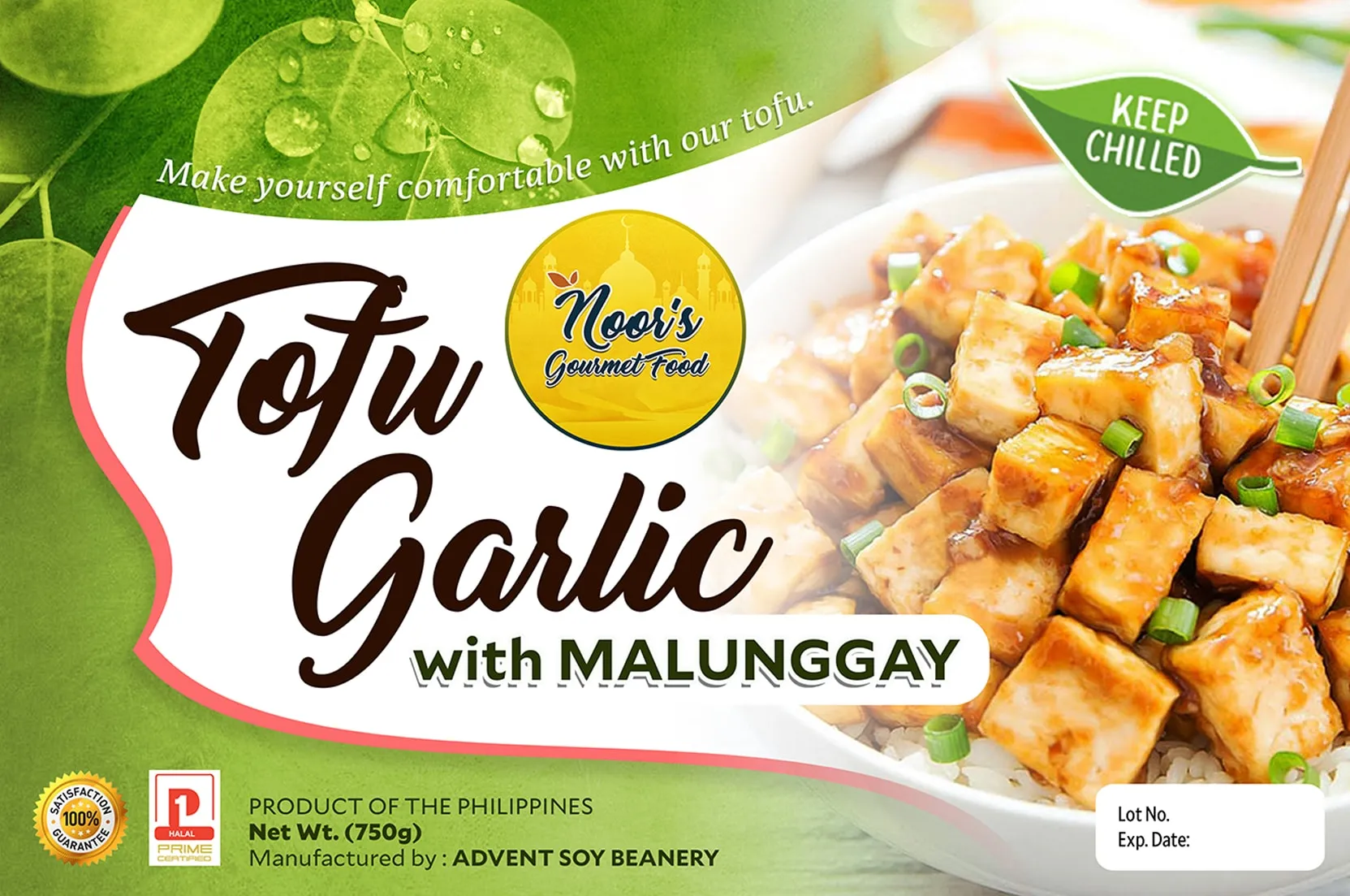 Noor's Gourmet Food label for Tofu Garlic with Malunggay: green design with large brown script lettering and a photo of fried tofu.