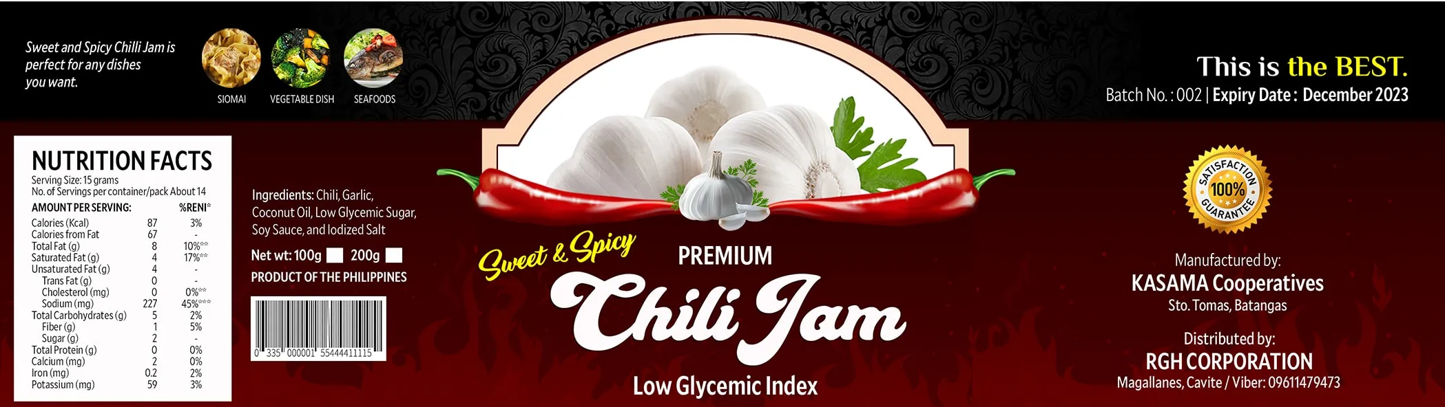 Wrap-around label for Premium Sweet & Spicy Chili Jam in black and dark red, with garlic and chillies, nutrition facts and a barcode.