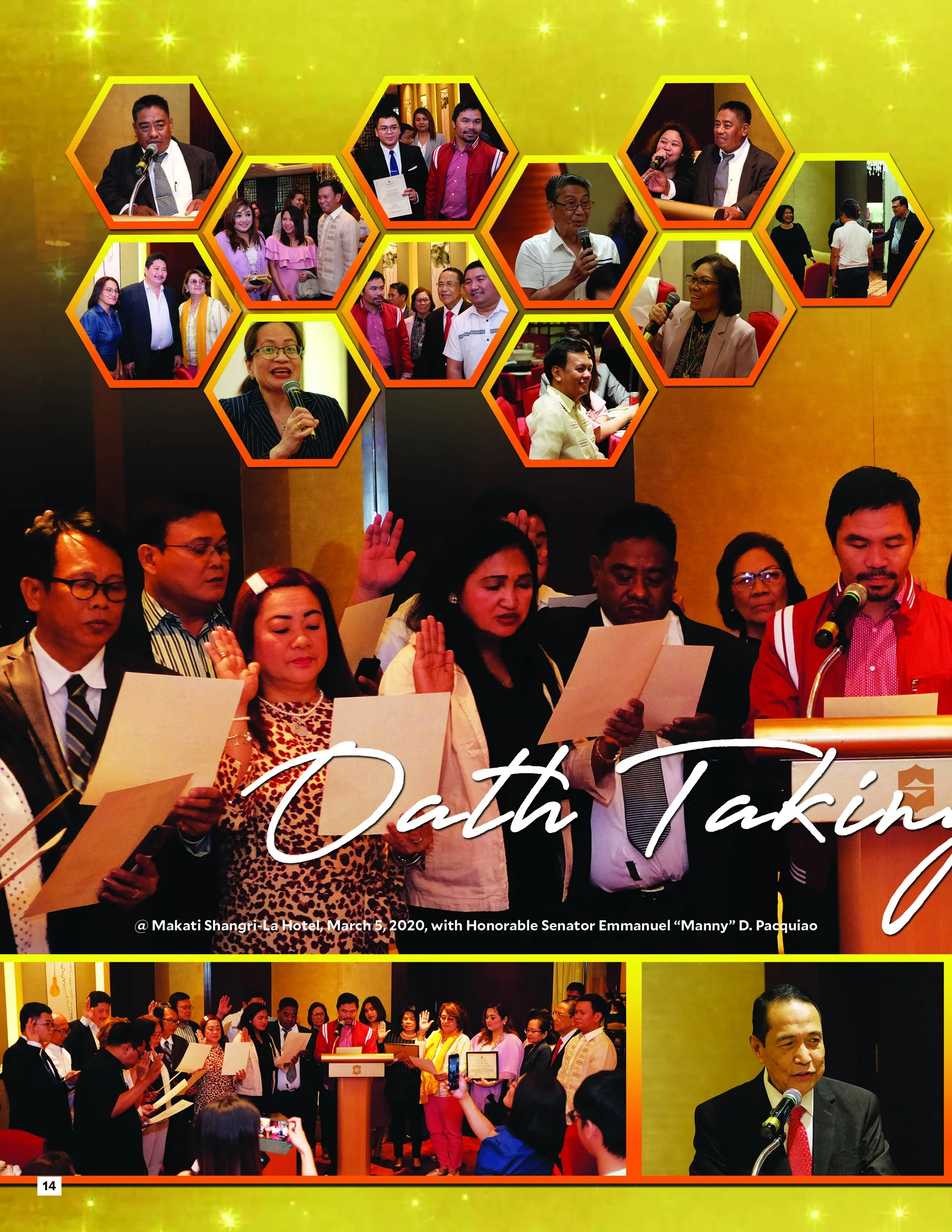 PAPER.Ph "Oath Taking" photo spread: a honeycomb grid of portraits on yellow over a photo of people taking an oath.