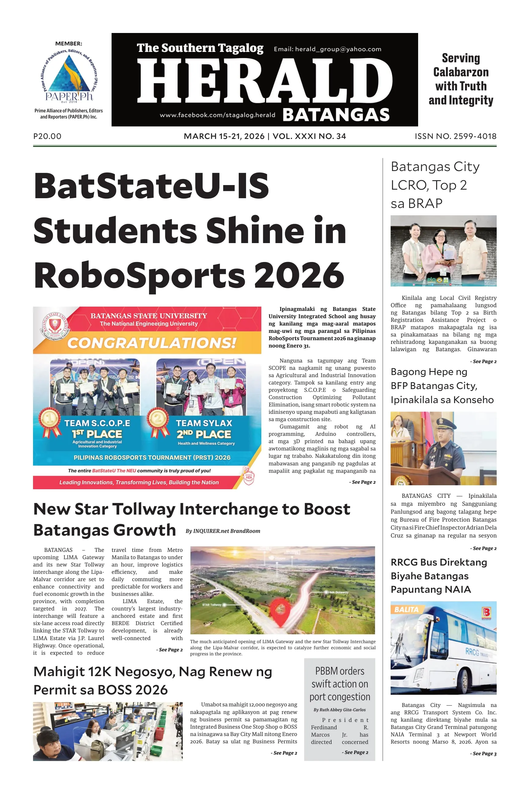 Front page of The Southern Tagalog Herald, Batangas edition, led by "BatStateU-IS Students Shine in RoboSports 2026" with a congratulations graphic for the winning teams.