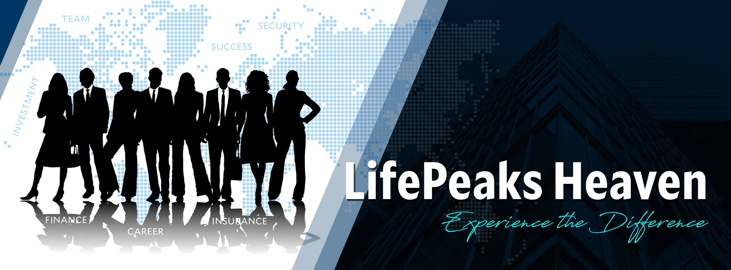 LifePeaks Heaven cover banner with silhouettes of a team in business clothes and the line "Experience the Difference".