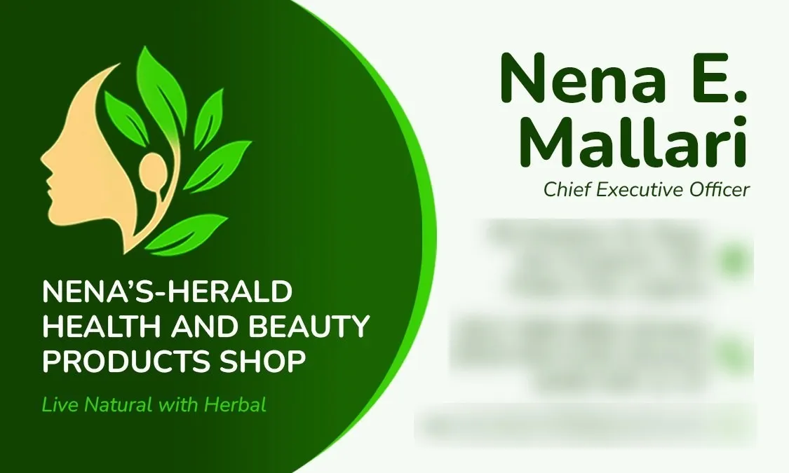 Calling card for Nena E. Mallari, CEO of Nena's-Herald Health and Beauty Products Shop, in green and white with the leaf logo. Contact details are blurred.