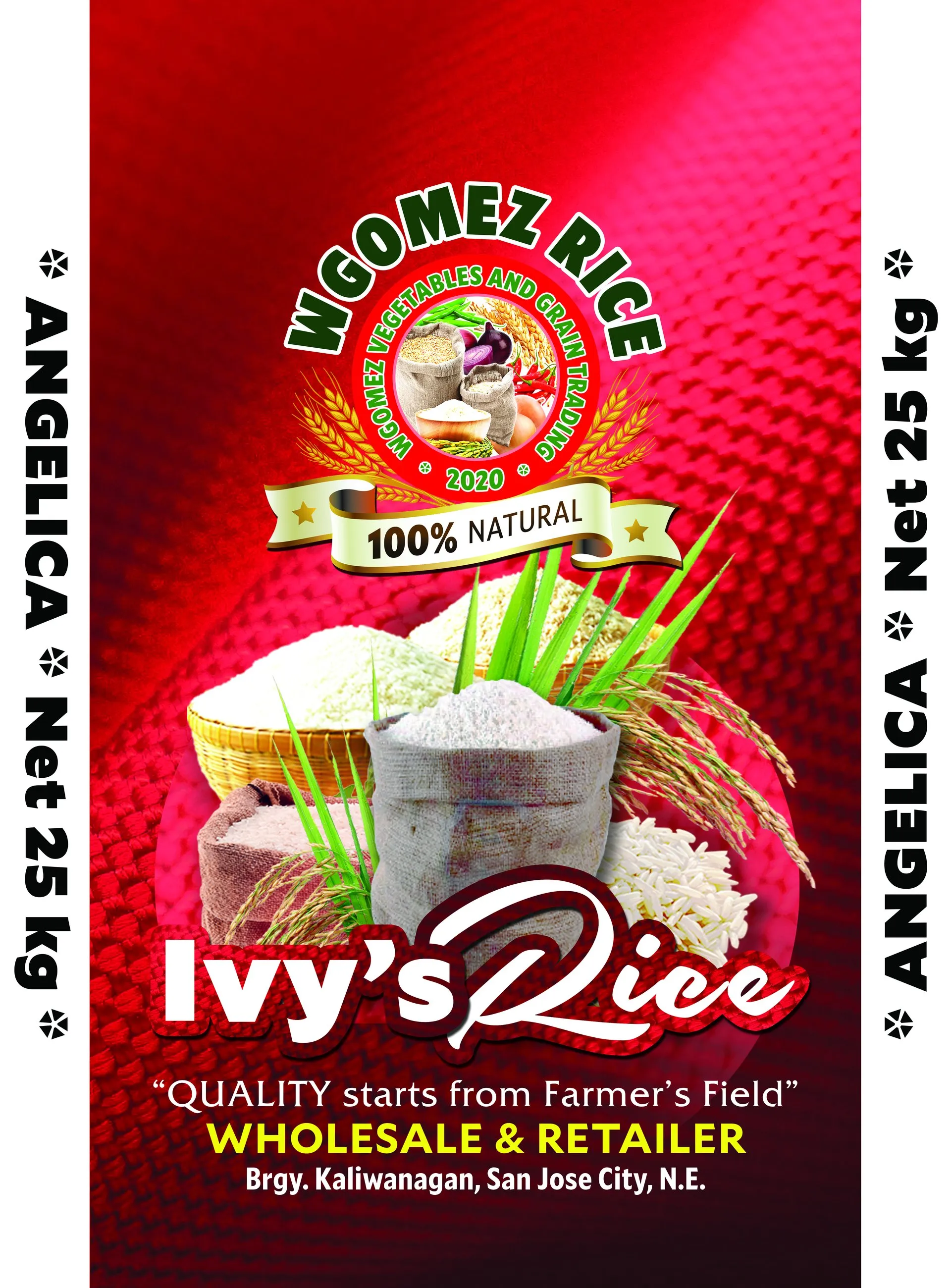 Flat artwork for the red Ivy's Rice sack, Angelica variety, 25 kg, with the WGomez Rice seal and a sack of rice.