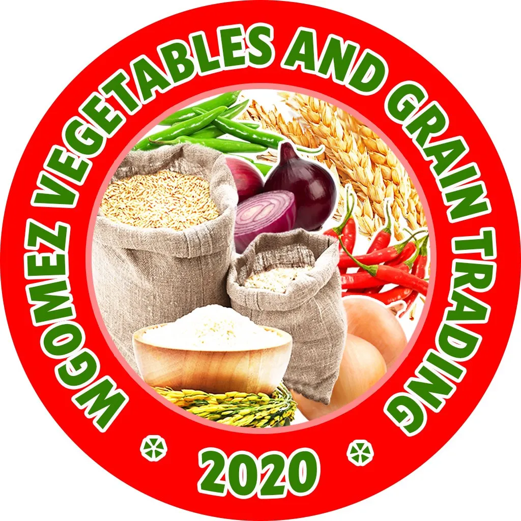 Round red and green WGomez Vegetables and Grain Trading logo from 2020, with sacks of rice, onions, chillies and grain at the centre.