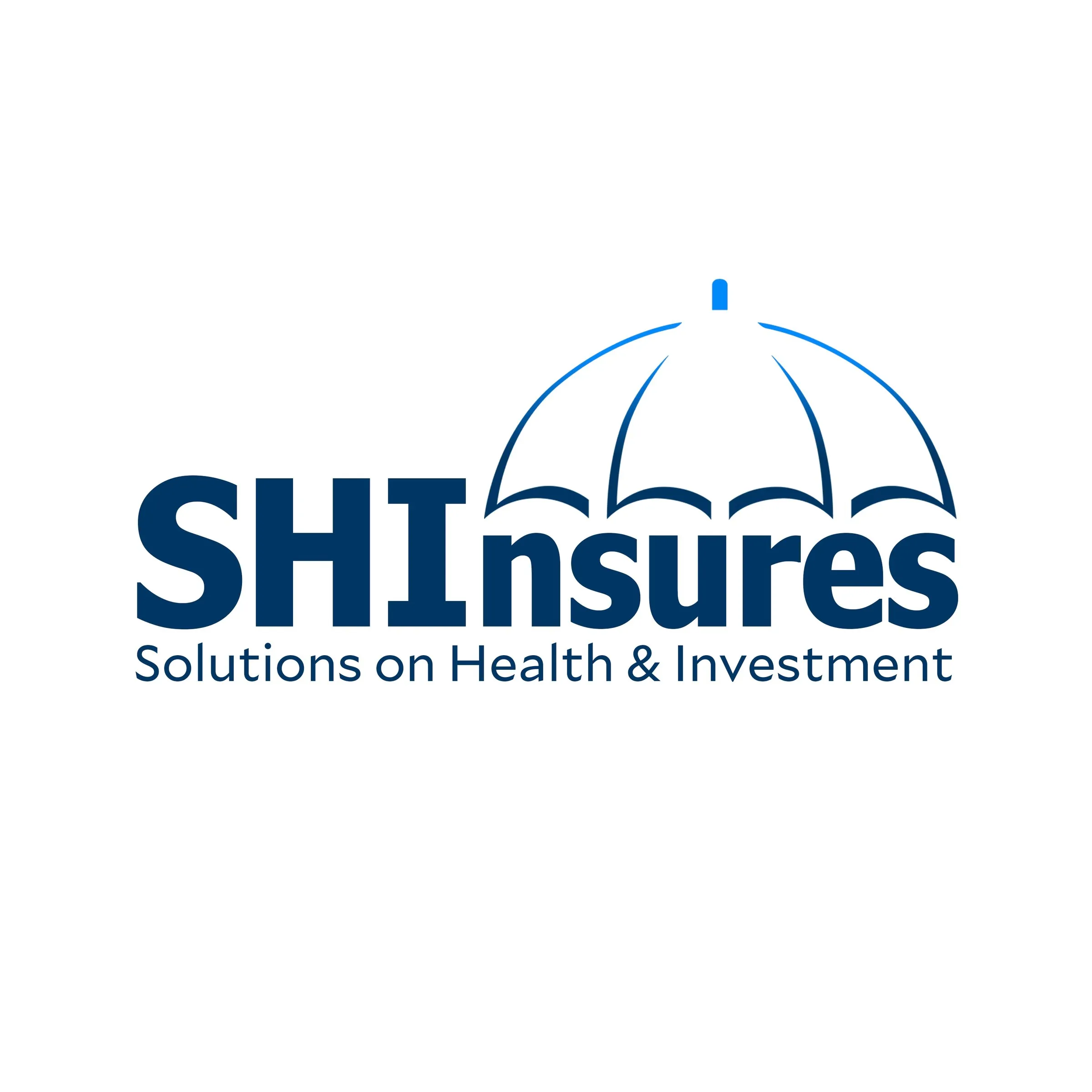 SHInsures logo: navy lettering under an umbrella outline, with the line "Solutions on Health & Investment".