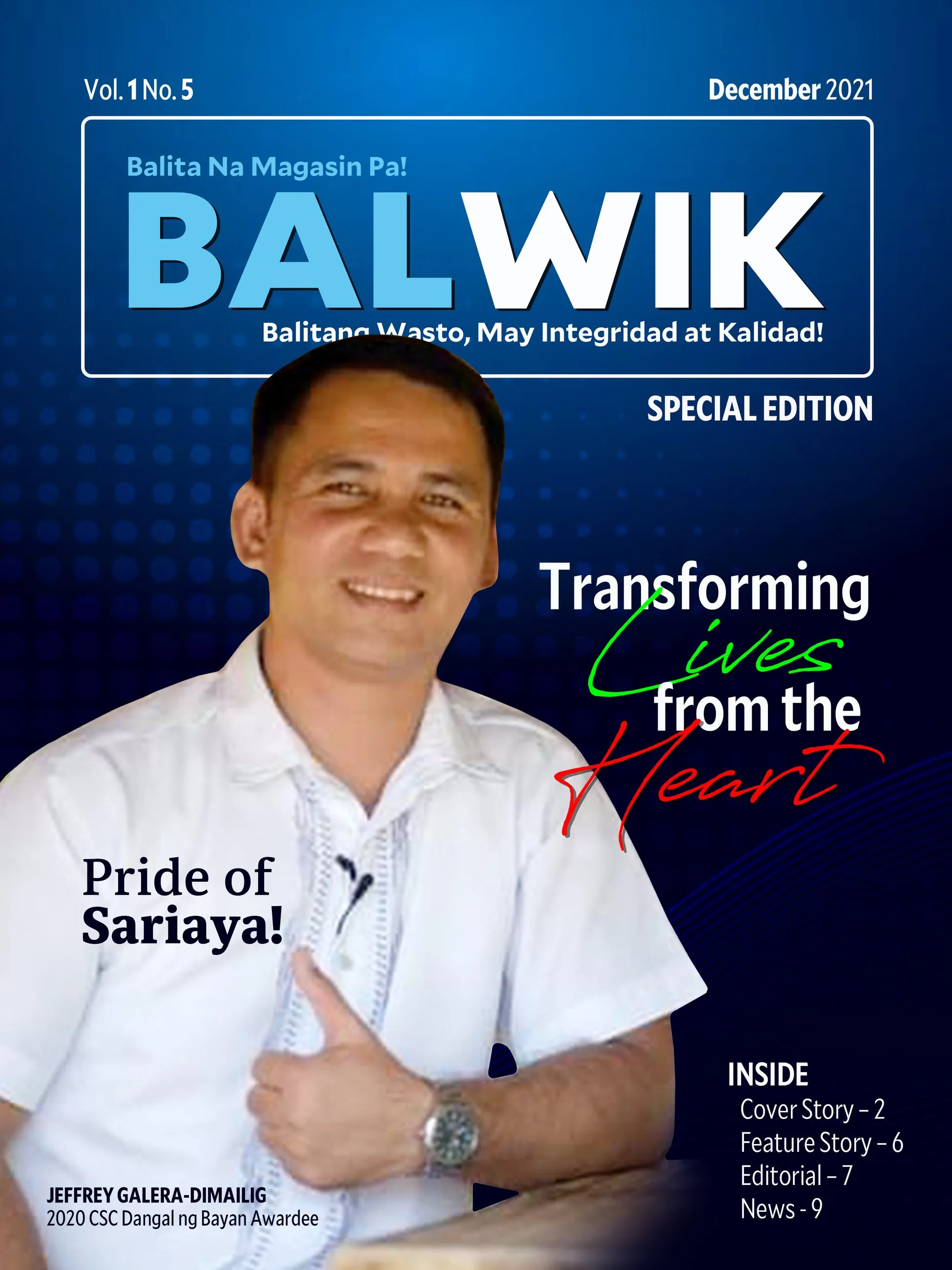 BALWIK magazine December 2021 special edition cover: a man giving a thumbs up, with the lines "Pride of Sariaya!" and "Transforming Lives from the Heart".