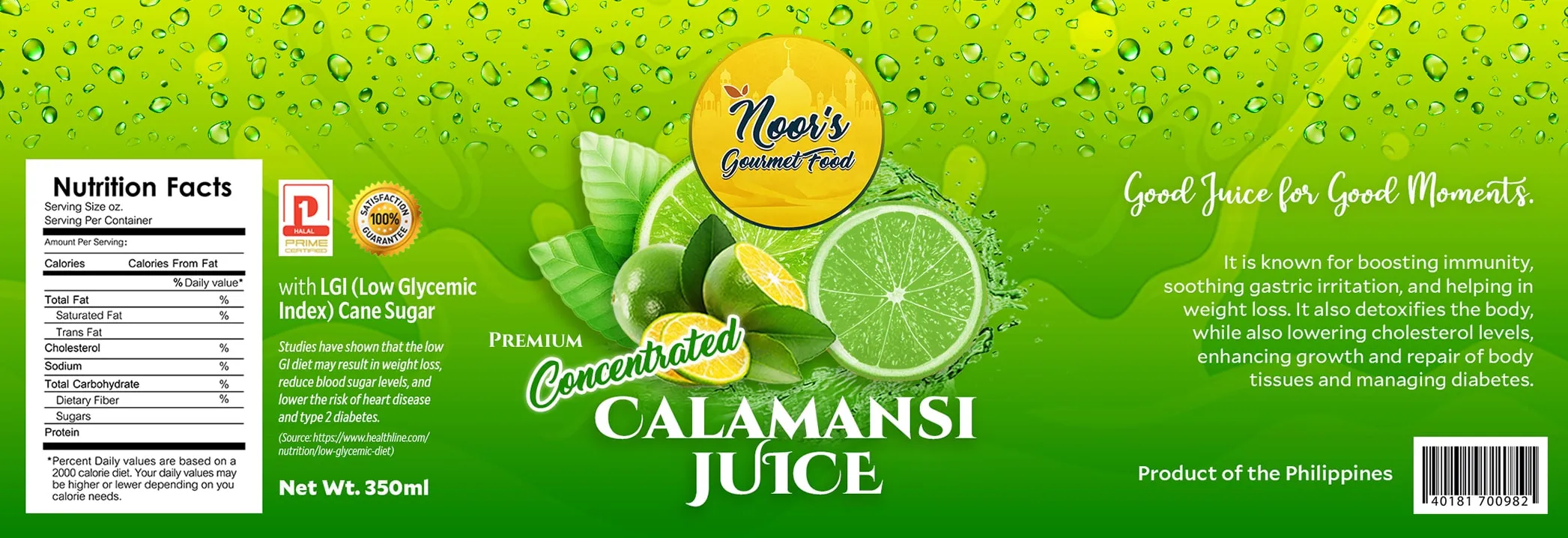 Wrap-around Noor label for Concentrated Calamansi Juice in bright green, with calamansi fruit, nutrition facts and a barcode.