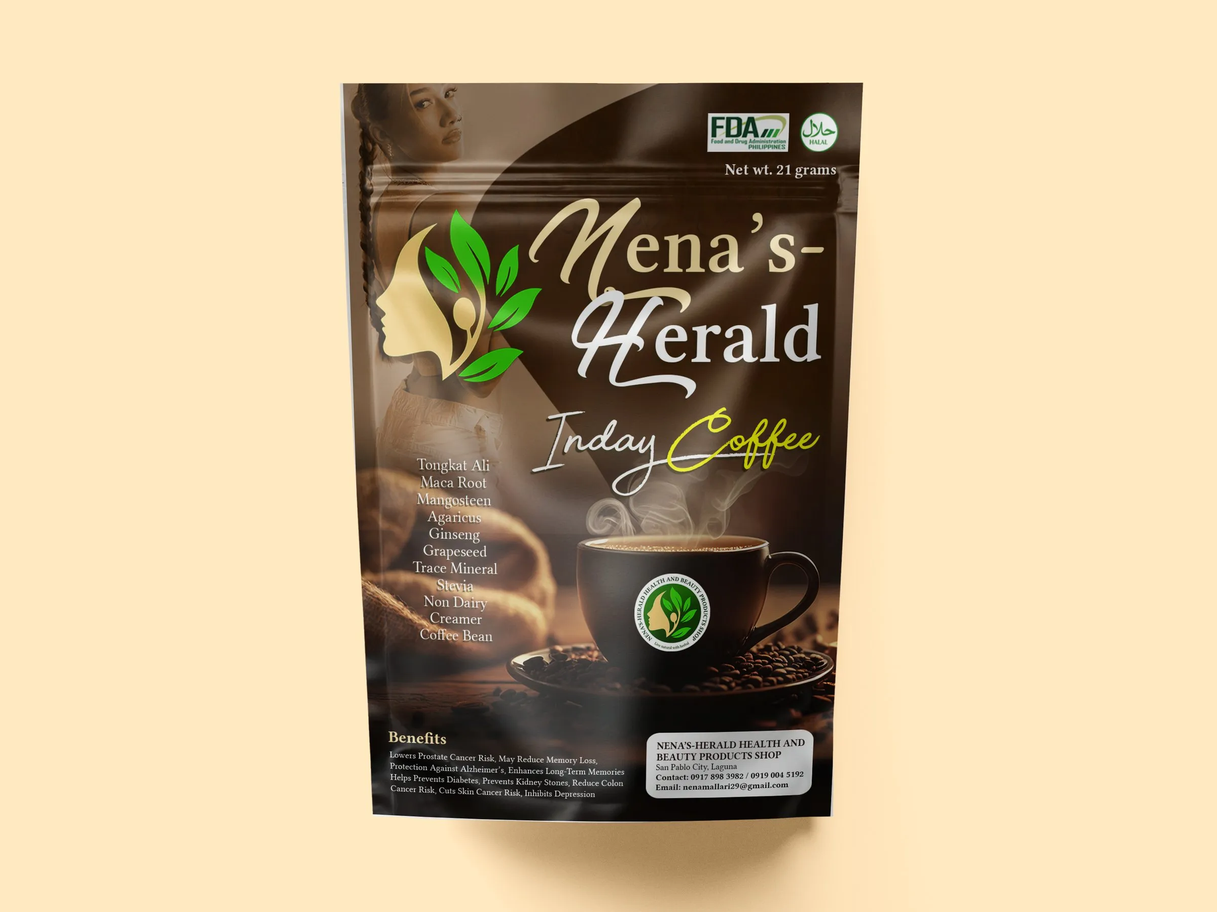 Nena's-Herald Inday Coffee stand-up pouch in warm brown, on a cream background.