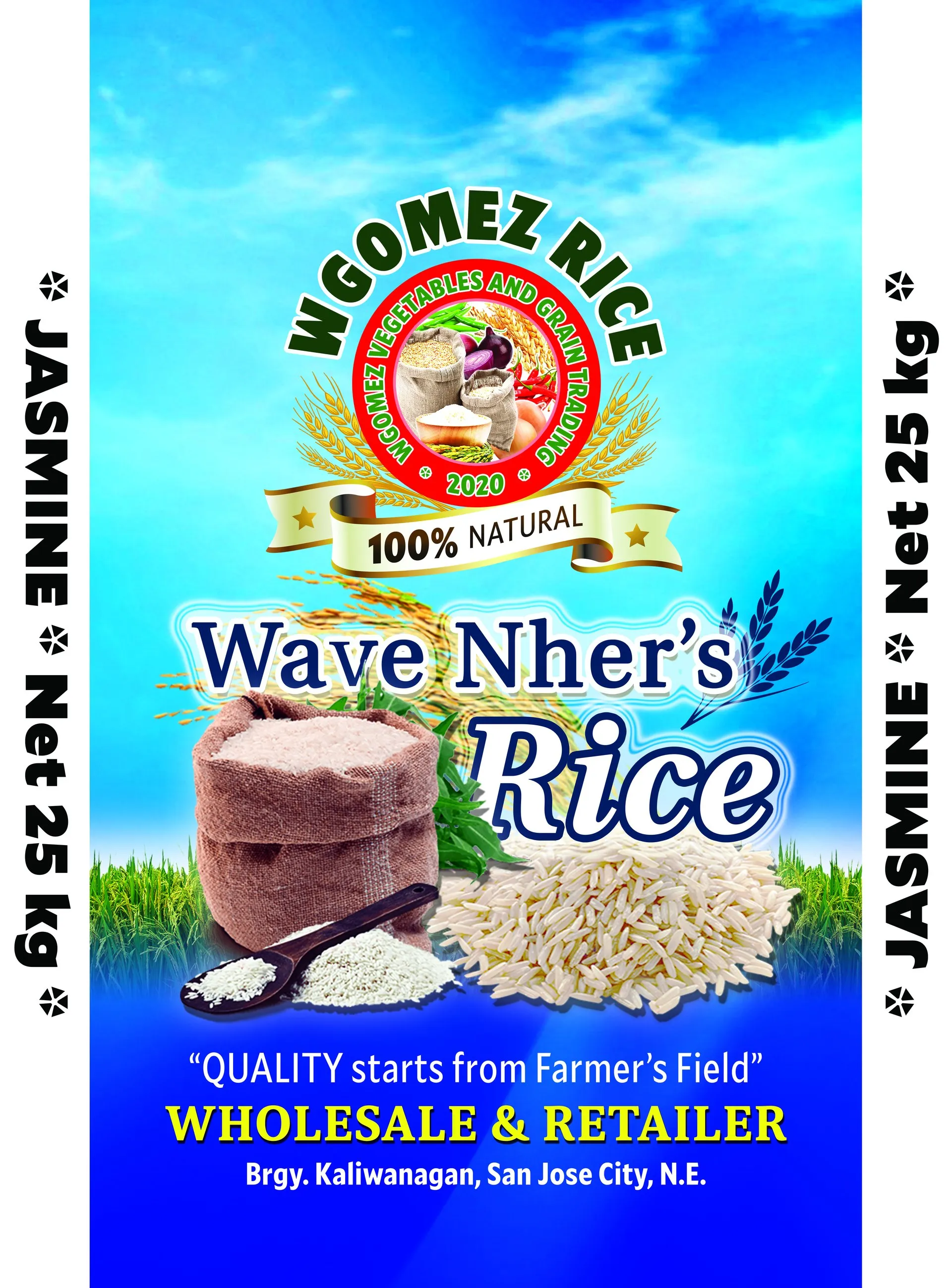 Flat artwork for the blue Wave Nher's Rice sack, Jasmine variety, 25 kg, with a blue sky and grass background.