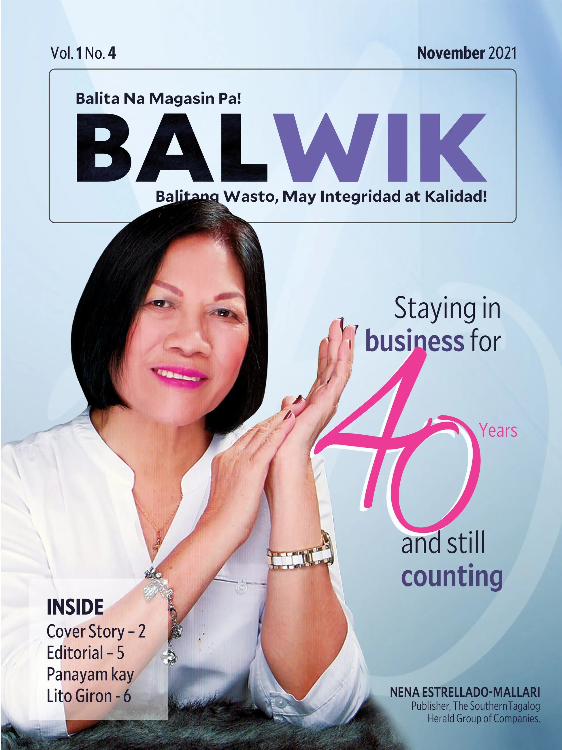 BALWIK magazine November 2021 cover: a smiling woman in a white blouse beside a large "40" and the line "Staying in business for 40 years and still counting".
