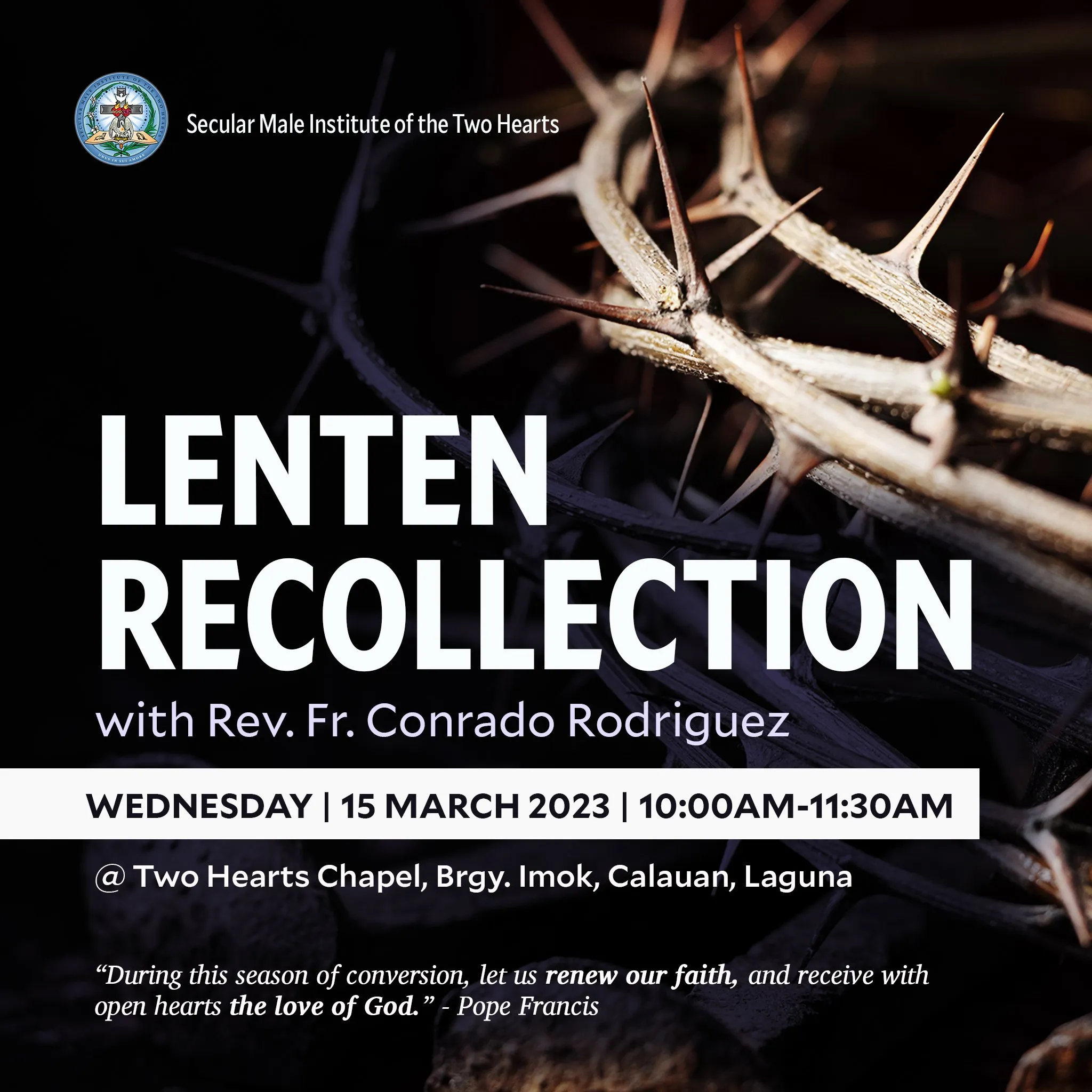 Lenten recollection poster with a crown of thorns, giving the date, time and place.