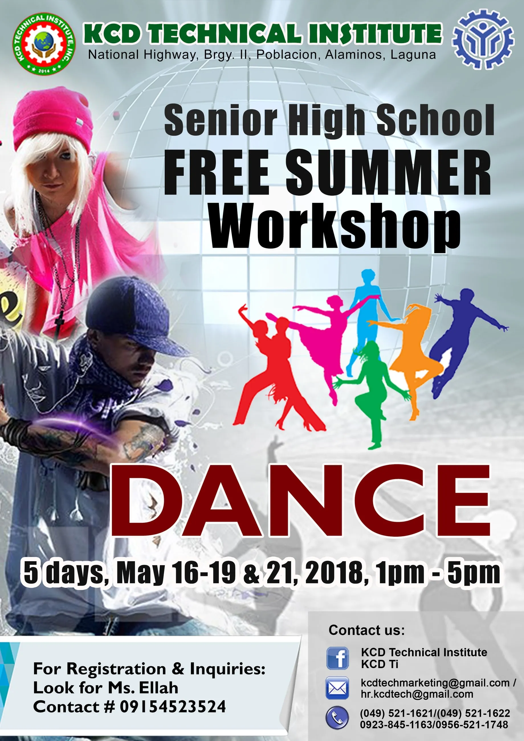 KCD Technical Institute poster for a free summer dance workshop, with silhouettes of dancers in bright colours.