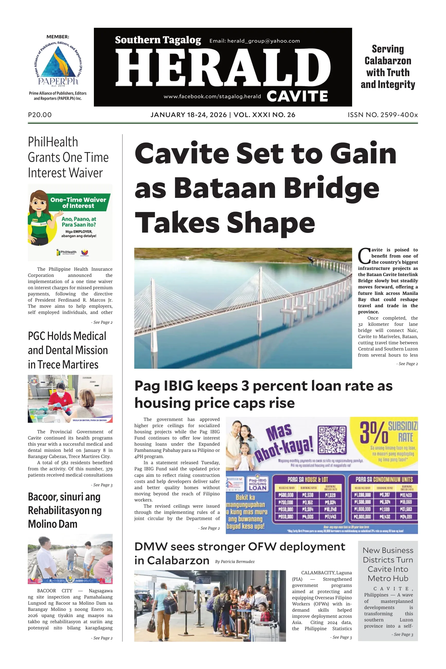 Front page of The Southern Tagalog Herald, Cavite edition, led by "Cavite Set to Gain as Bataan Bridge Takes Shape" over an aerial photo of the bridge.