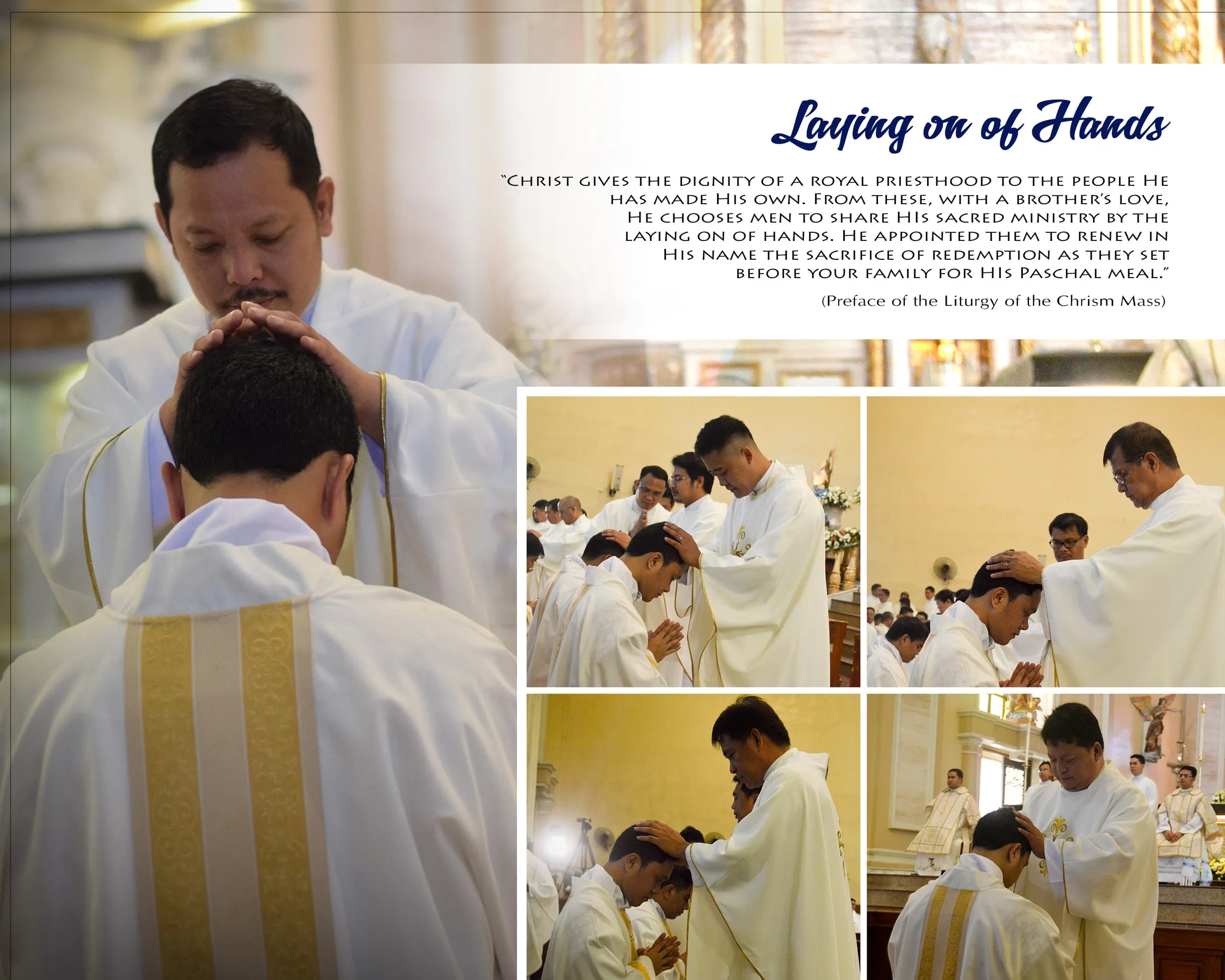 Album spread "Laying on of Hands", showing the bishop and priests laying hands on the kneeling candidates.