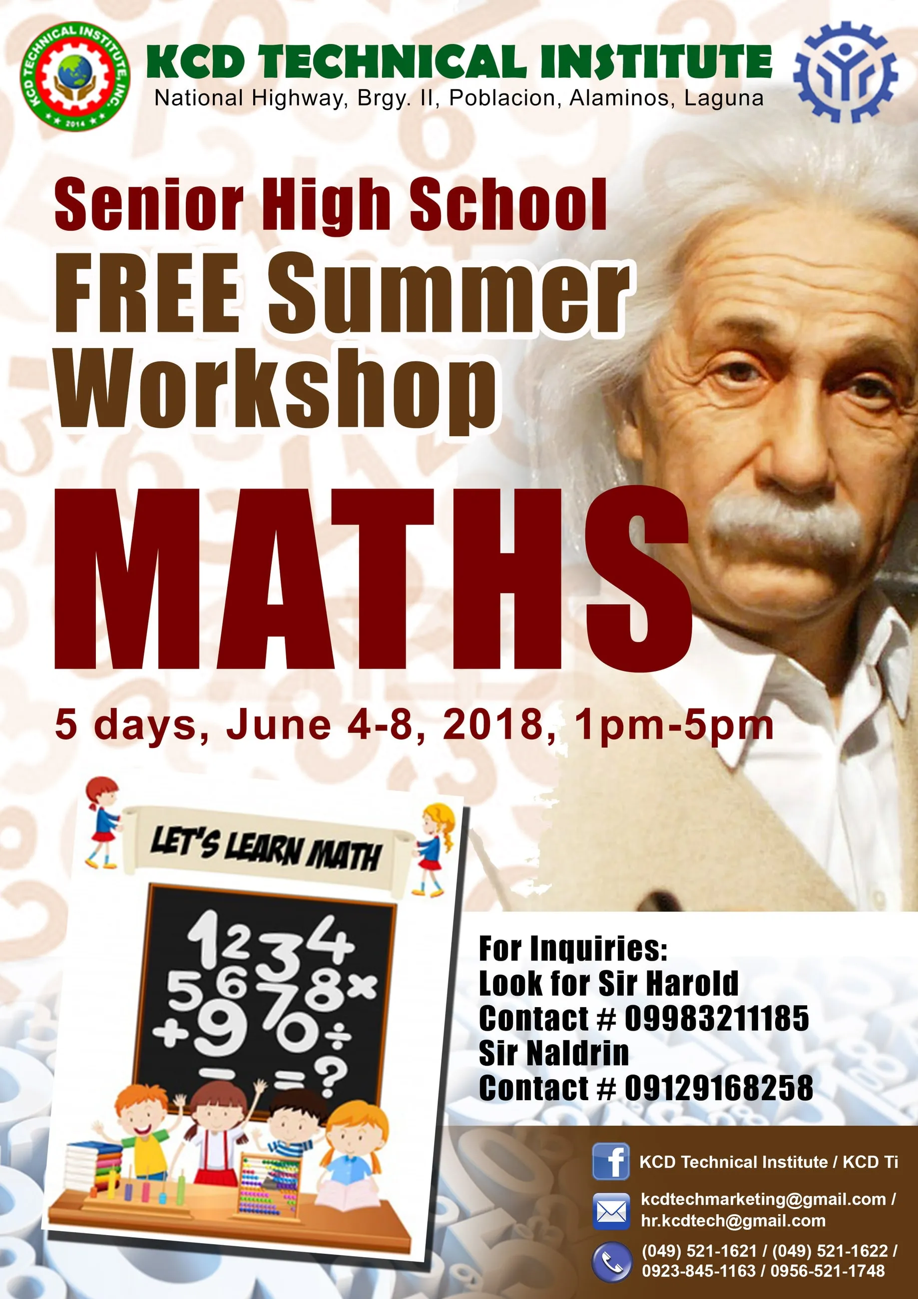 KCD Technical Institute poster for a free summer maths workshop, with a portrait of Albert Einstein and a chalkboard of numbers.