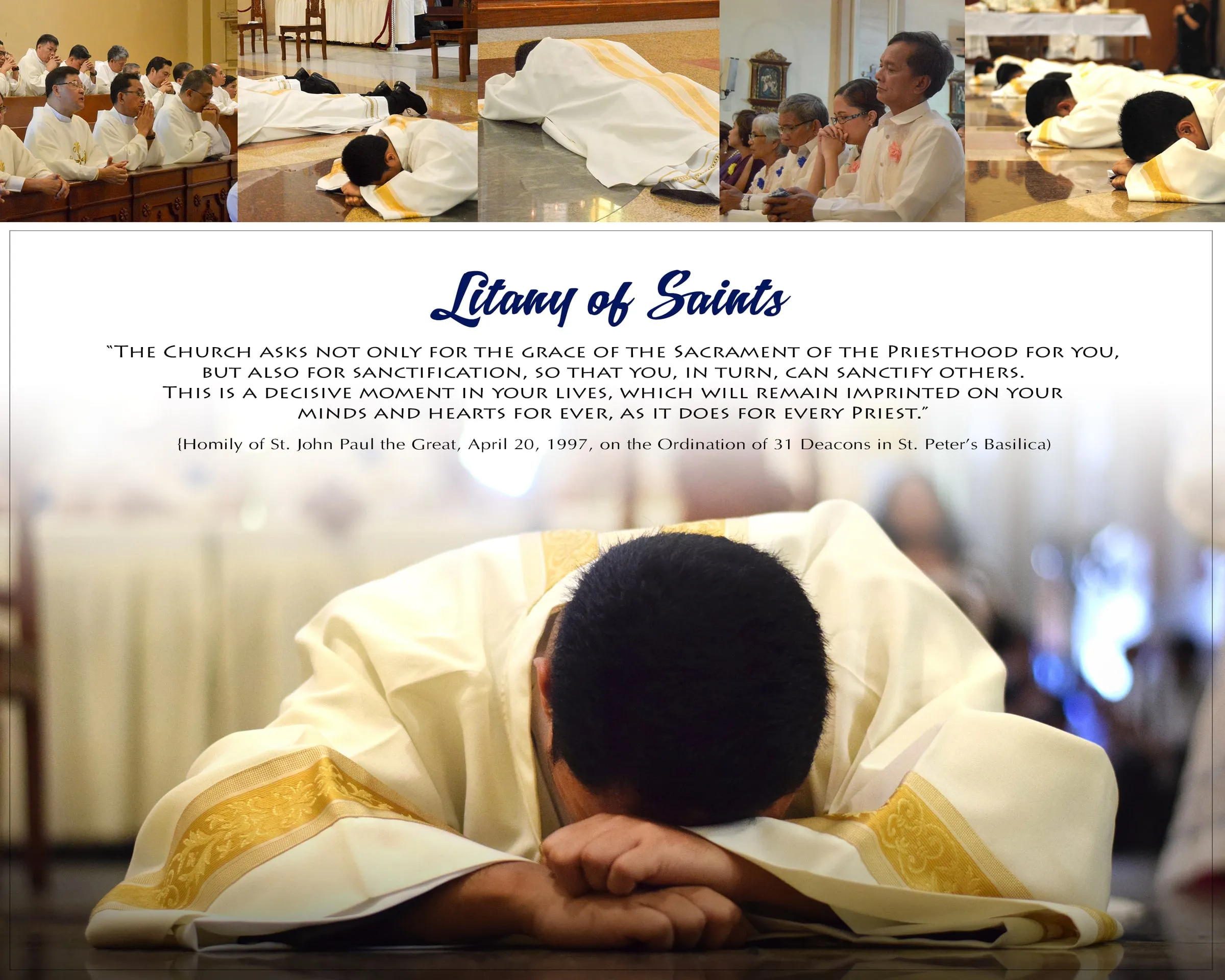 Album spread "Litany of Saints", with a large photo of a candidate lying face down on the cathedral floor.
