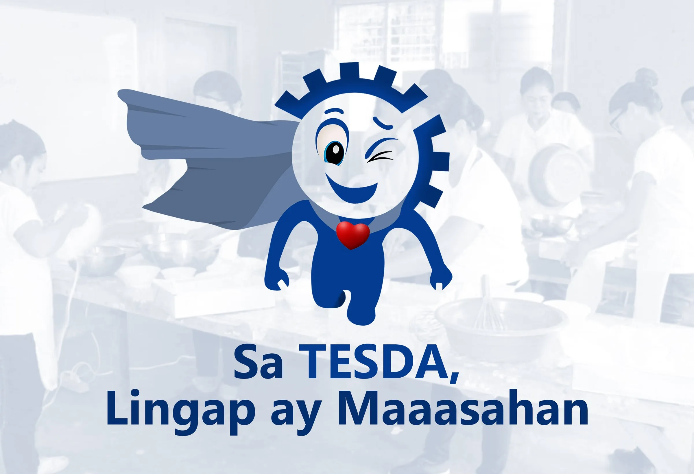 TESDA contest mascot: a smiling gear-headed superhero in a blue cape, with the theme "Sa TESDA, Lingap ay Maaasahan".