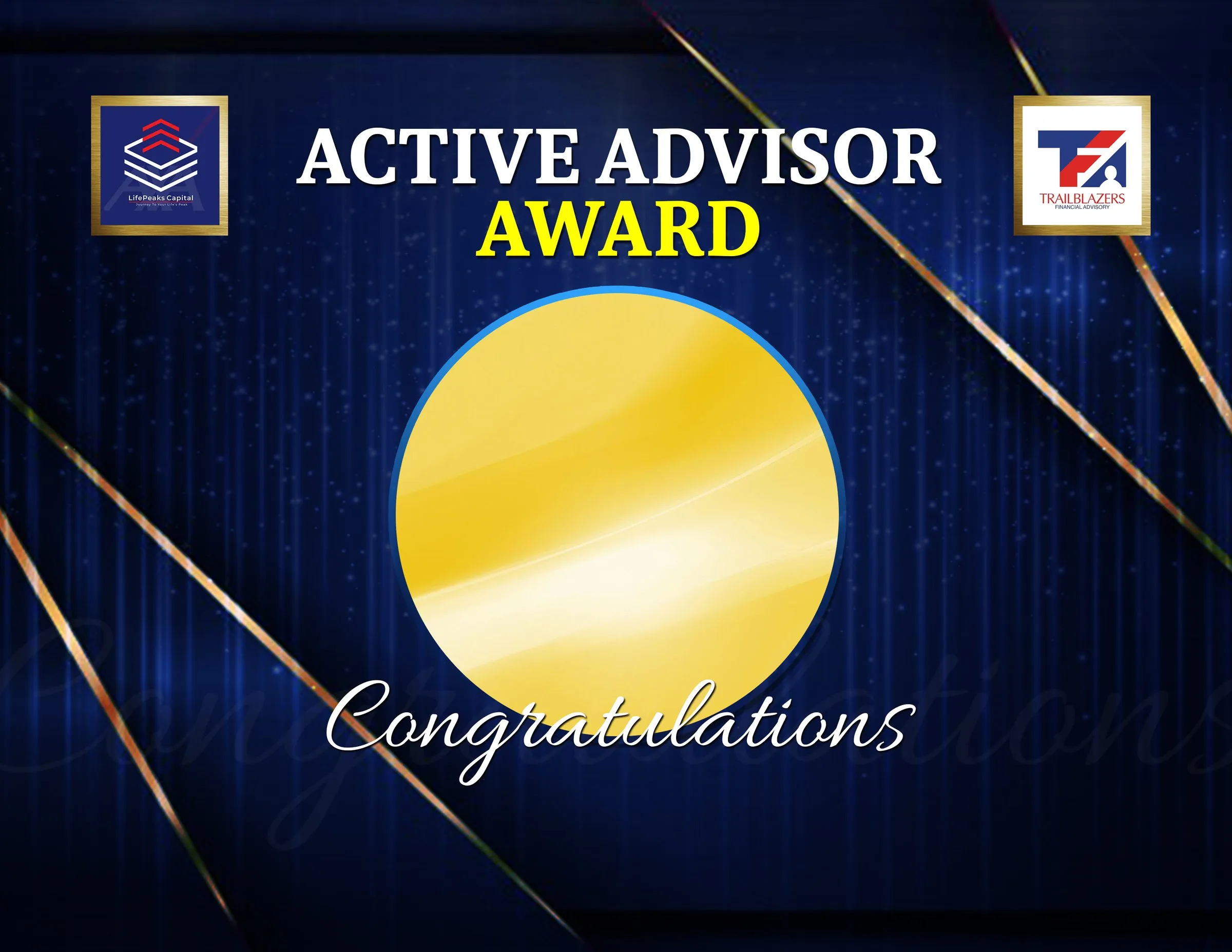 Template for an "Active Advisor Award" in navy and gold, with a gold circle for the winner's photo.
