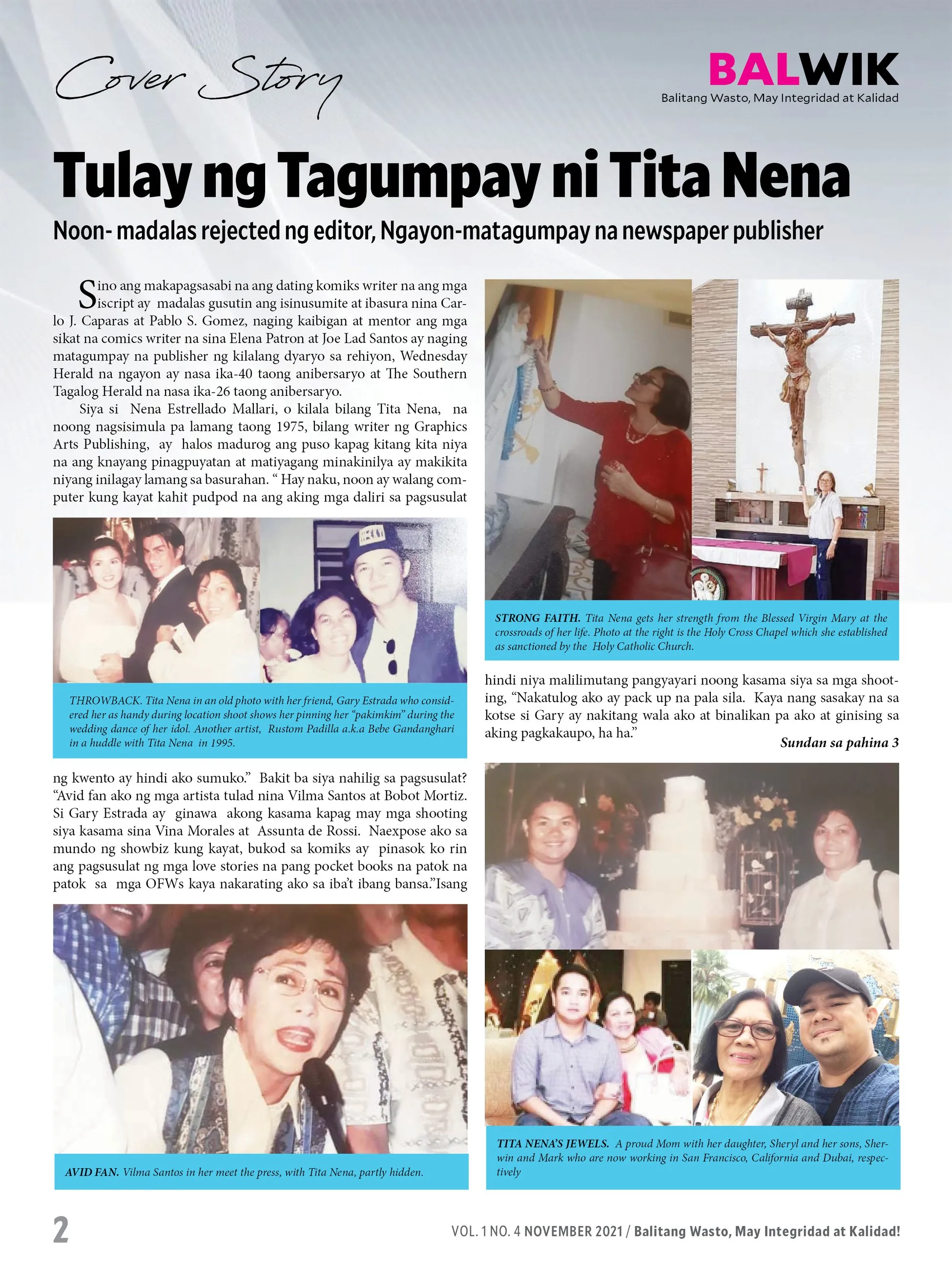 BALWIK cover story spread "Tulay ng Tagumpay ni Tita Nena", laid out with family and career photos from different decades.