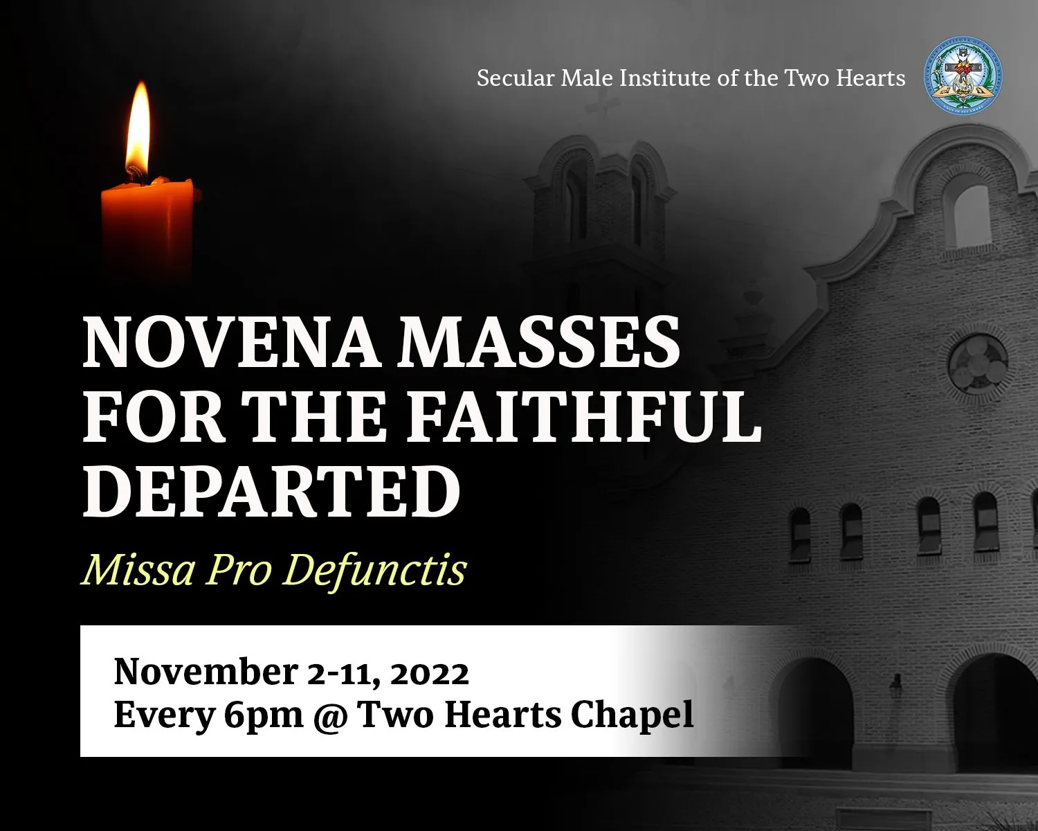 Poster for Novena Masses for the Faithful Departed, November 2–11, 2022, with a lit candle and a church facade.