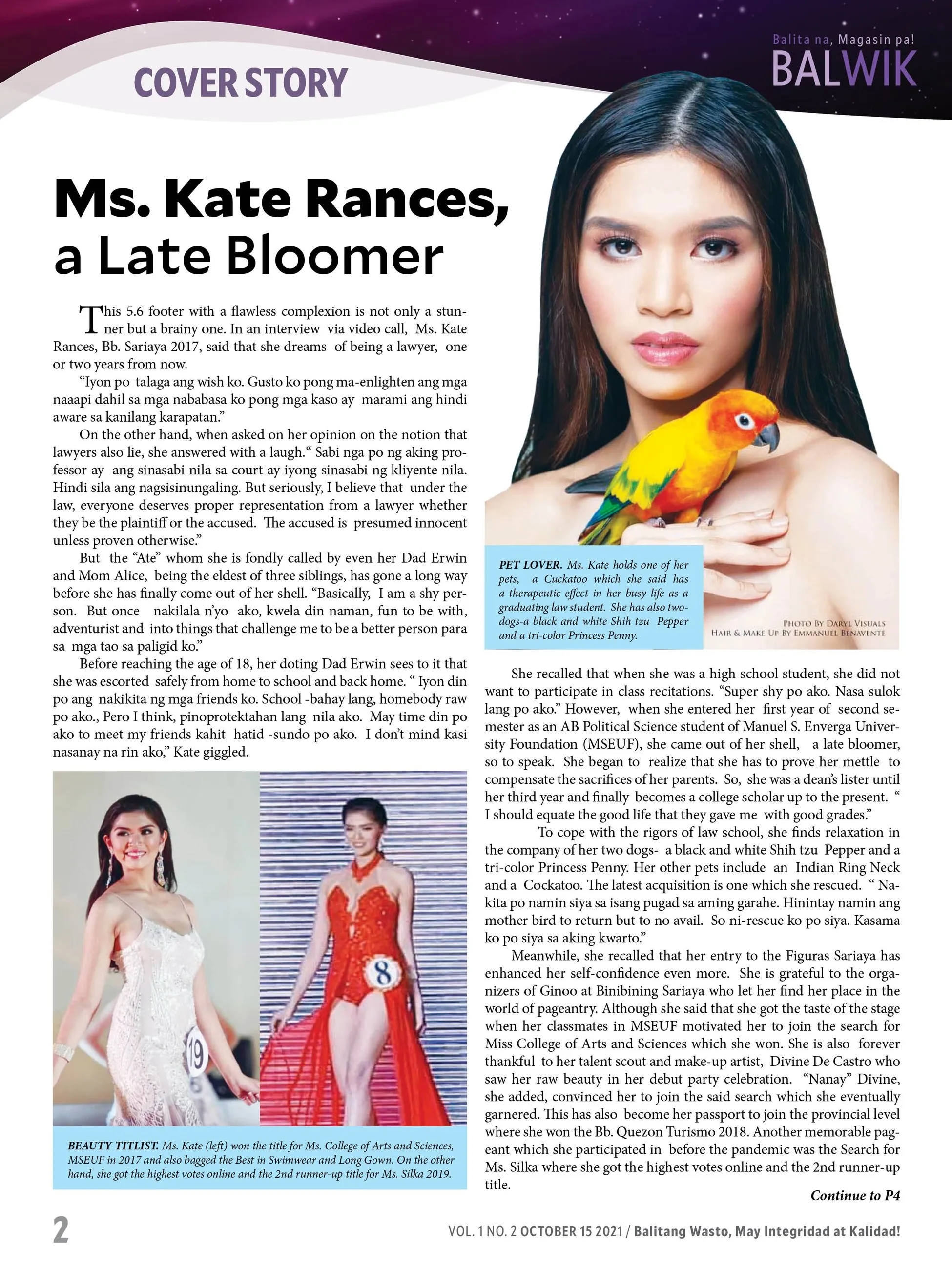 BALWIK cover story spread "Ms. Kate Rances, a Late Bloomer", with a portrait holding a parrot and pageant photos set into the text.