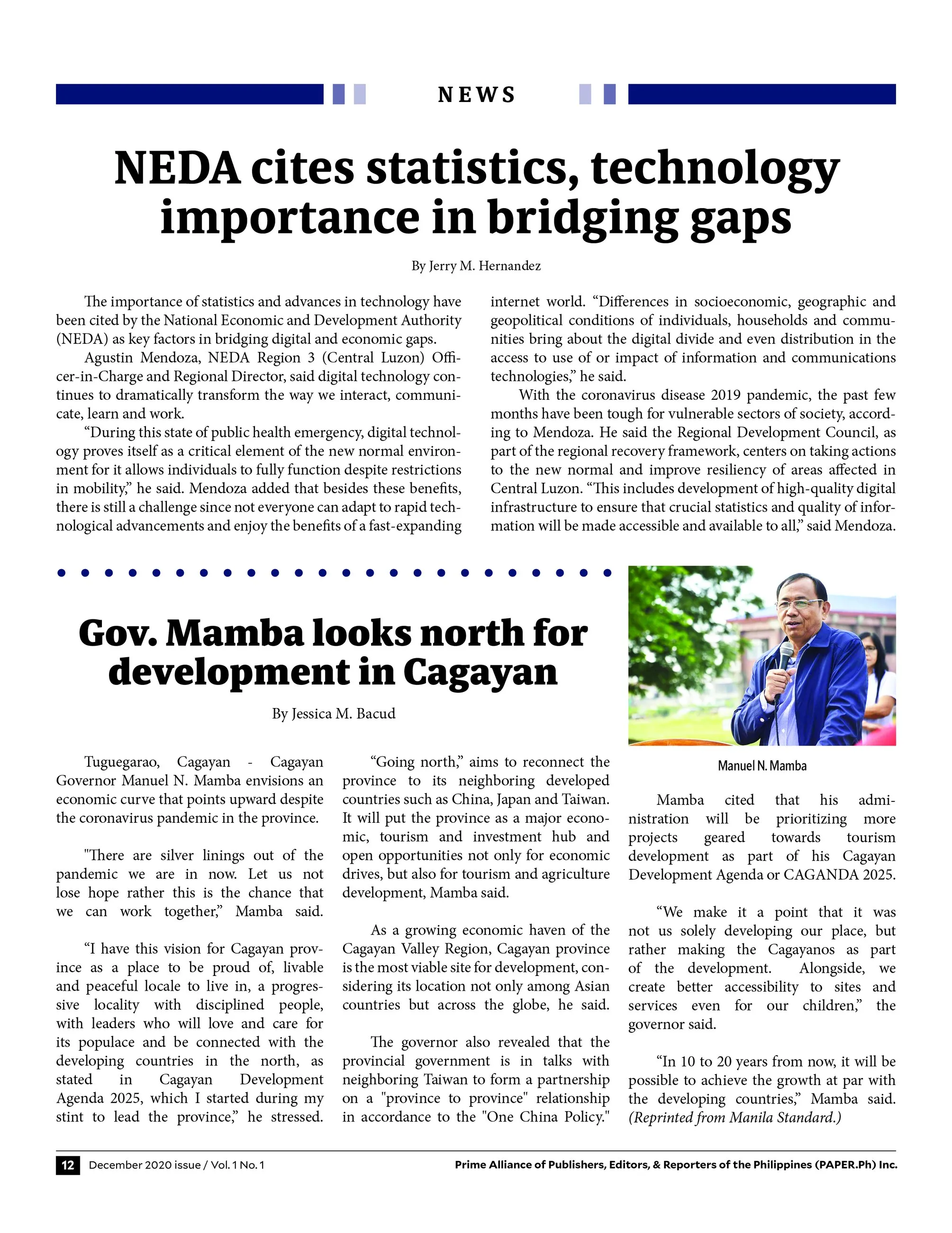 PAPER.Ph news page with two stories: "NEDA cites statistics, technology importance in bridging gaps" and "Gov. Mamba looks north for development in Cagayan".
