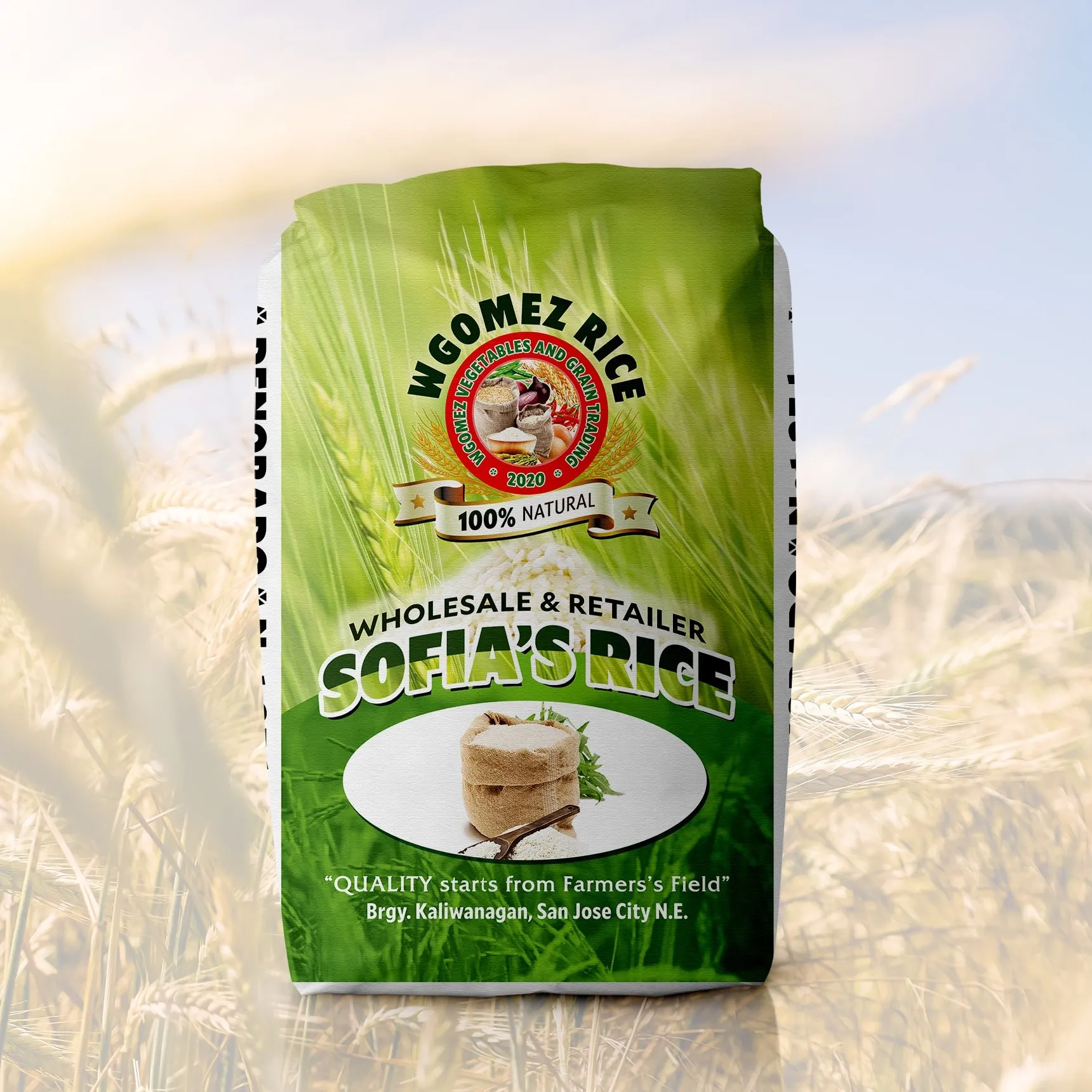 Mockup of a green WGomez Rice "Sofia's Rice" sack standing in a wheat field.