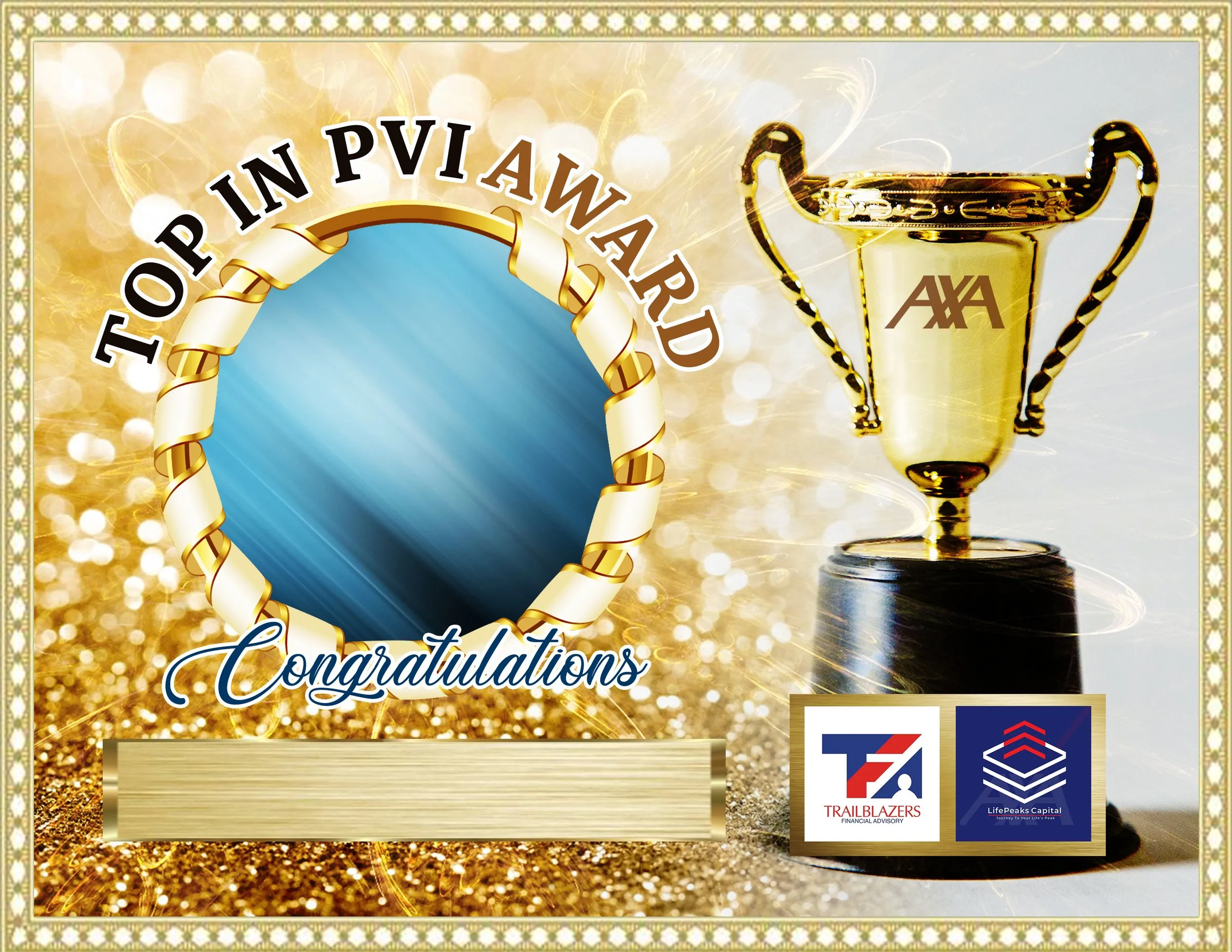 Template for a "Top in PVI Award" with gold glitter, a trophy and a round photo frame.