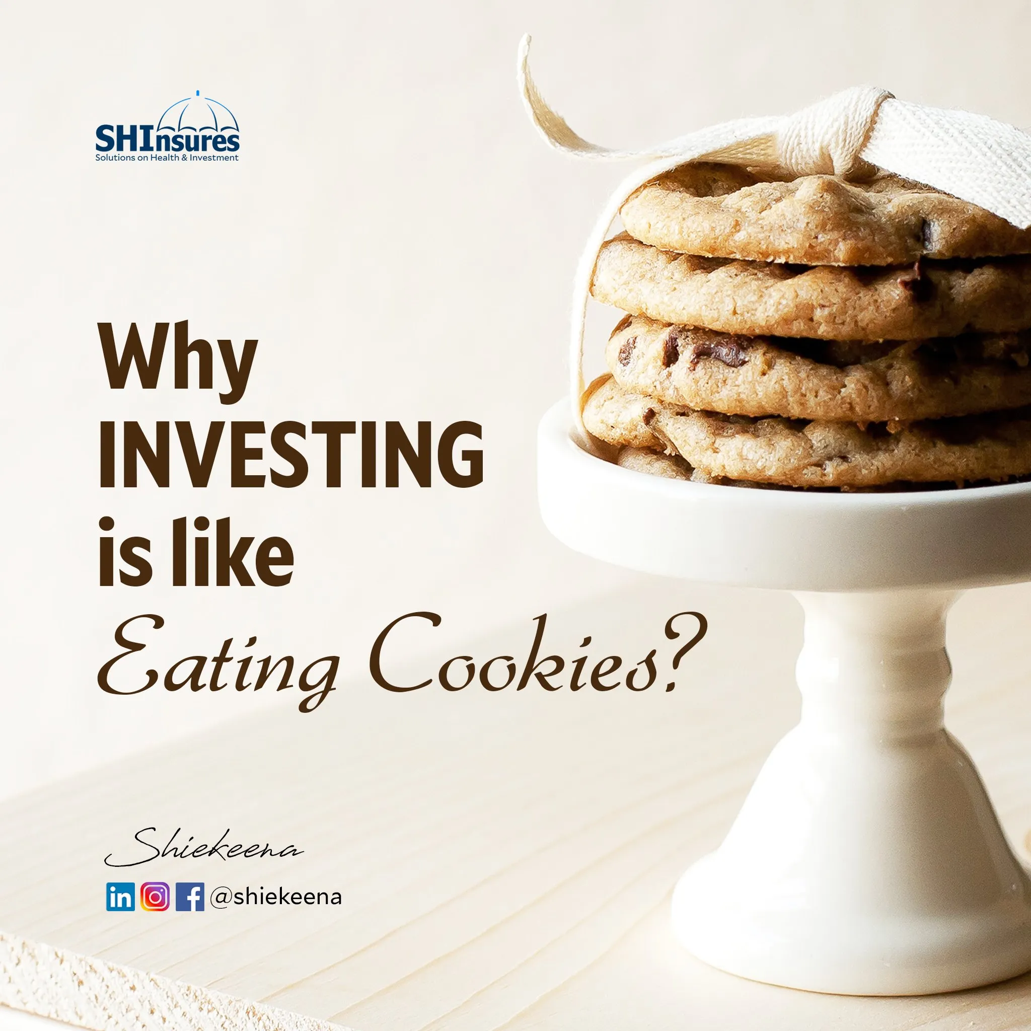 Post "Why investing is like eating cookies?" with a stack of cookies on a cake stand.