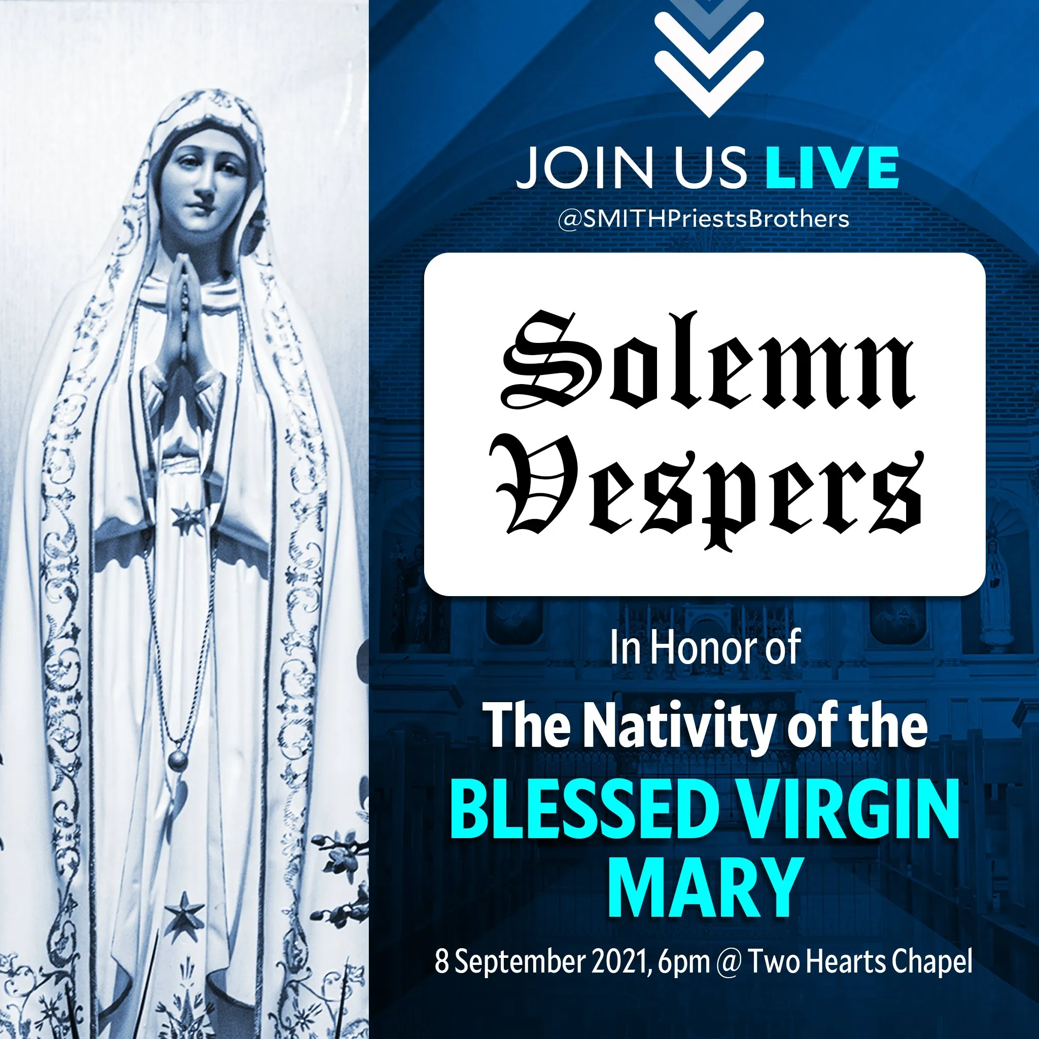 Social media post "Join us live" for Solemn Vespers honouring the Nativity of the Blessed Virgin Mary, with a statue of Mary.