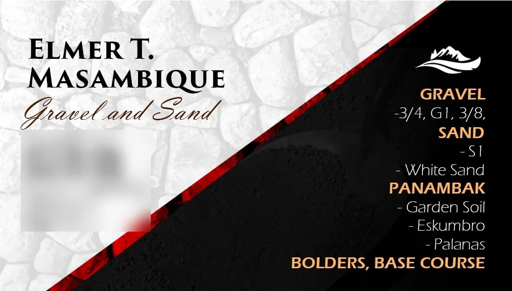 Calling card for Elmer T. Masambique, Gravel and Sand, with a stone texture and a list of gravel and sand products. Contact details are blurred.