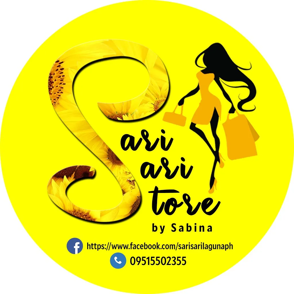 Sari Sari Store by Sabina logo on a yellow circle: a sunflower-textured letter S and a woman carrying shopping bags.