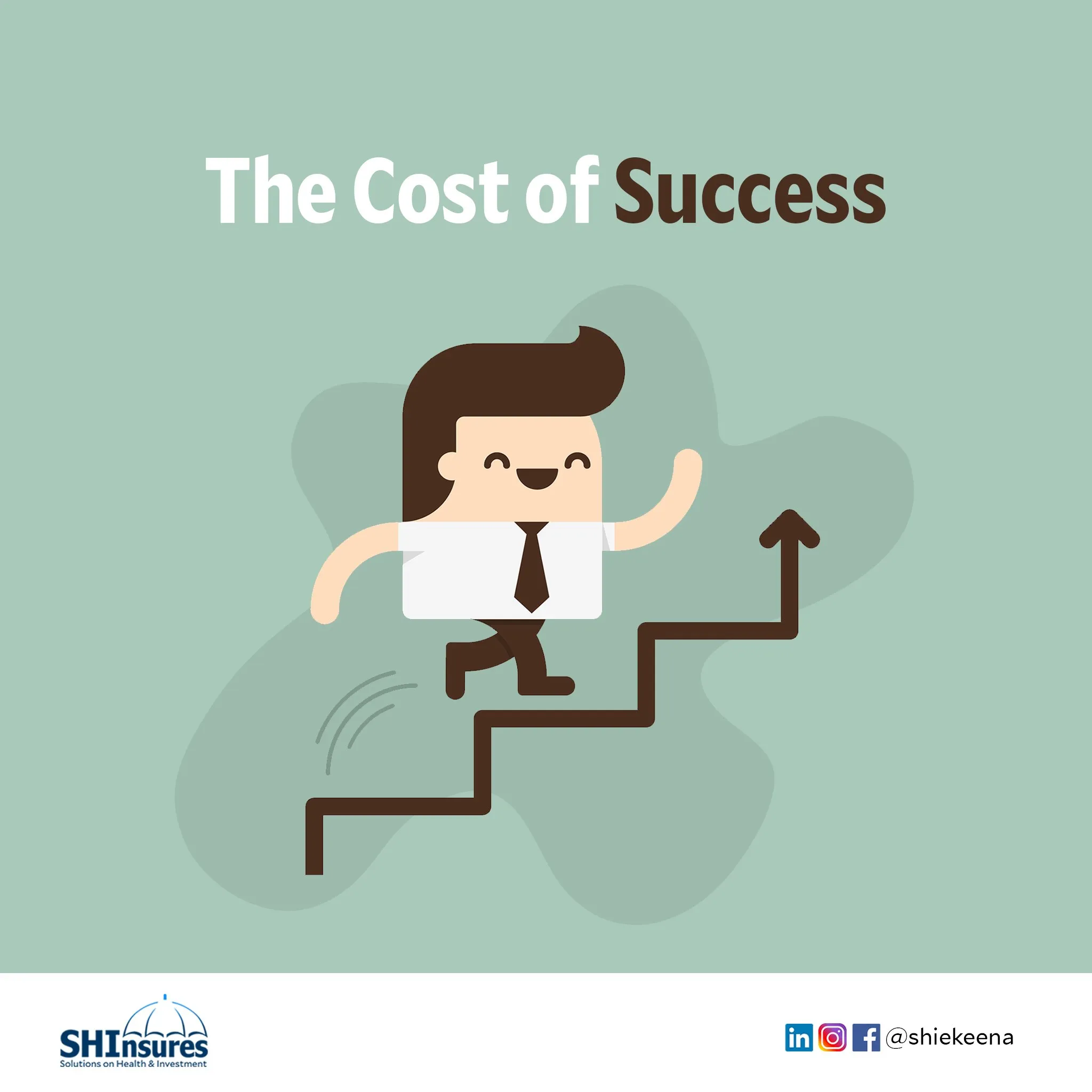 Illustrated post "The Cost of Success" with a cartoon businessman climbing steps.