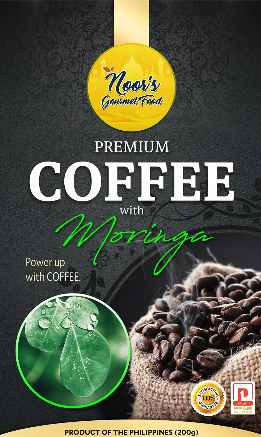 Noor's Gourmet Food label for Premium Coffee with Moringa: dark background, gold logo, green script lettering, coffee beans and a moringa leaf.