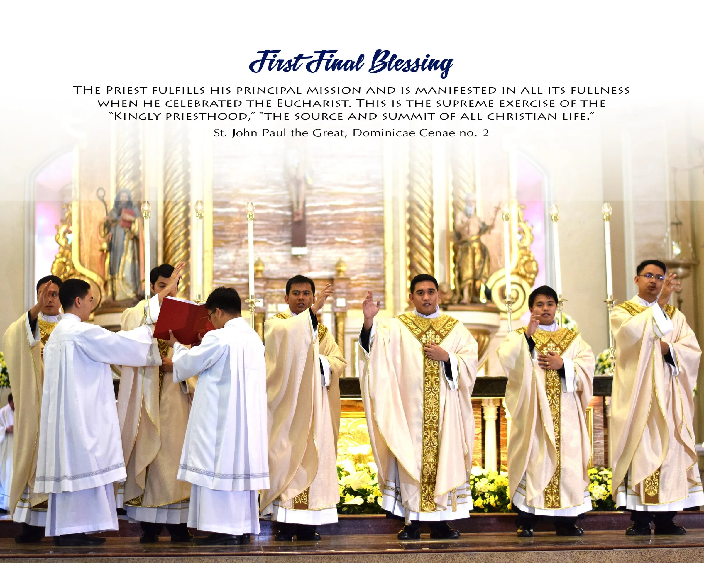 Album spread "First Final Blessing", a wide photo of the new priests giving their first blessing at the altar.