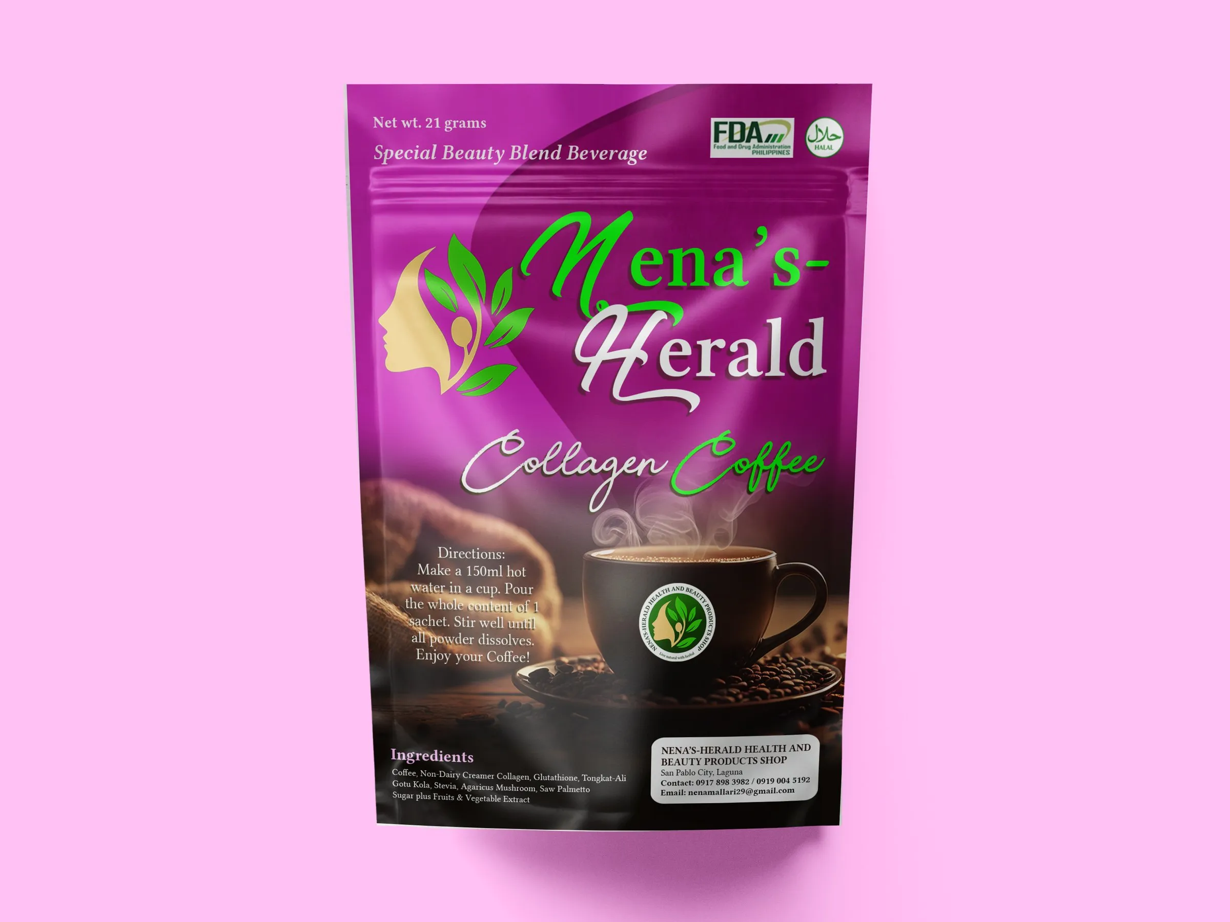 Nena's-Herald Collagen Coffee stand-up pouch in magenta, on a pink background.