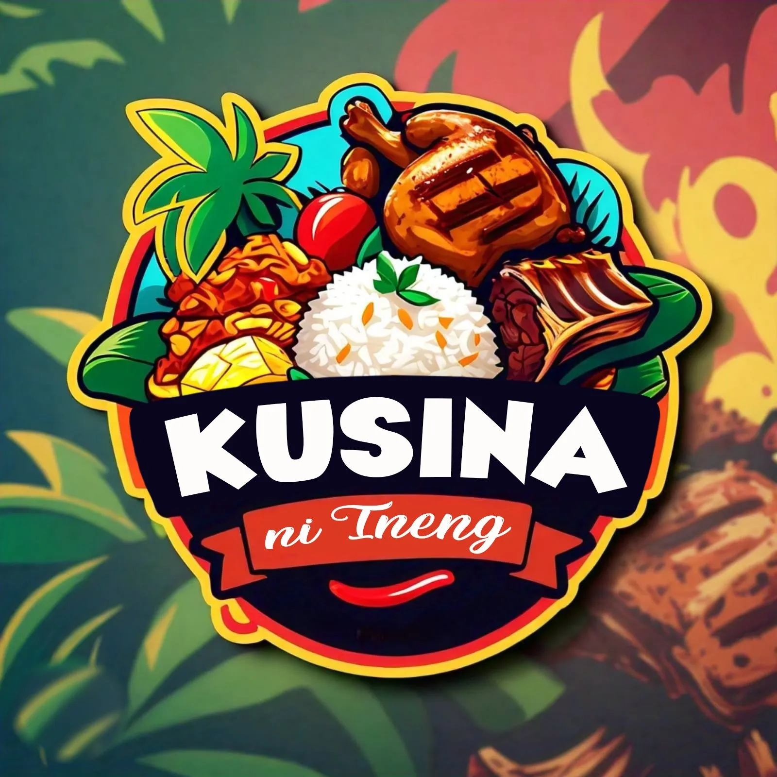 Kusina ni Ineng logo: a round badge filled with grilled meat, rice and vegetables above bold white "KUSINA" lettering on a red ribbon.