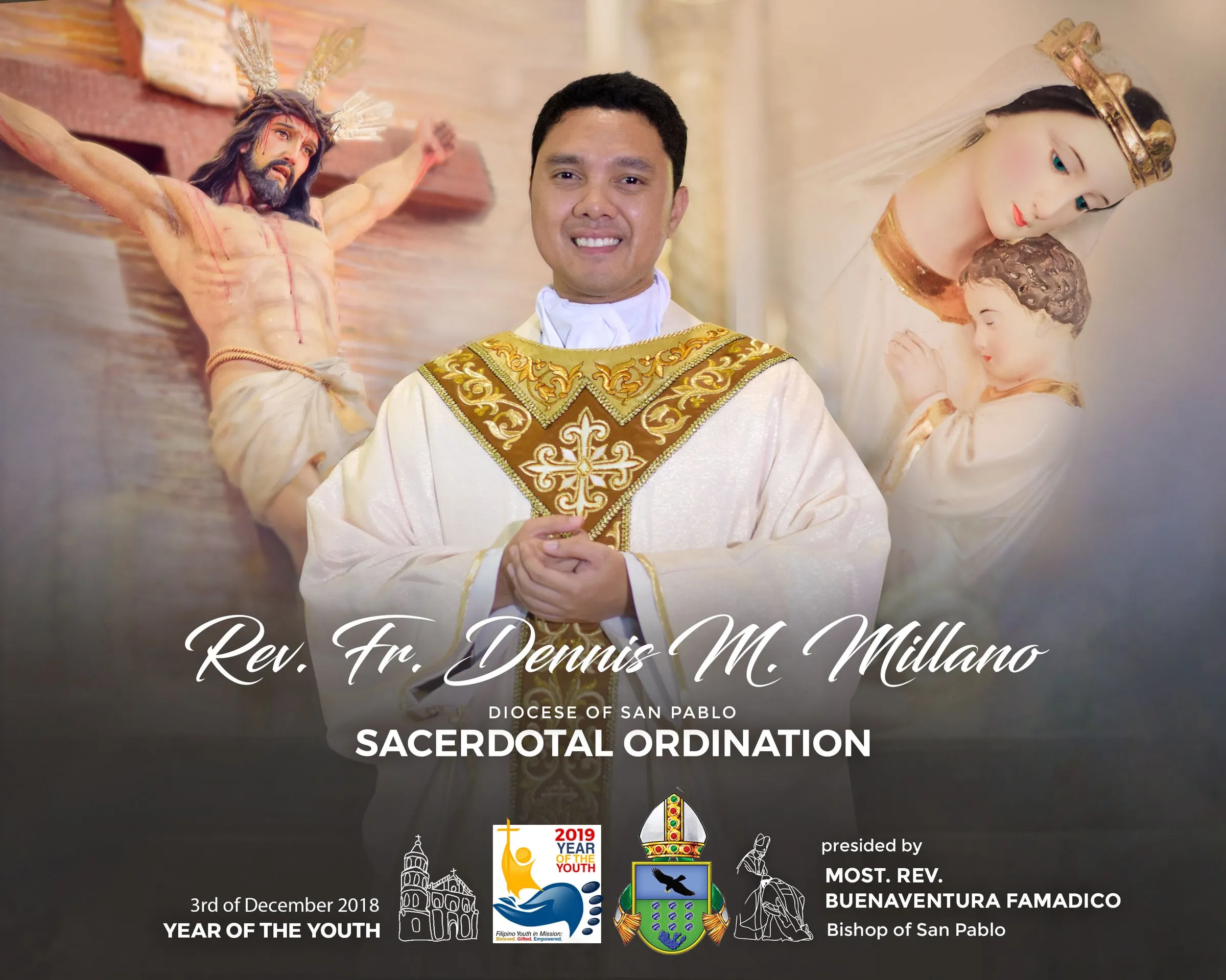 Album cover for the sacerdotal ordination of Rev. Fr. Dennis M. Millano, Diocese of San Pablo, showing him in white and gold vestments beside a crucifix and an image of Mary.