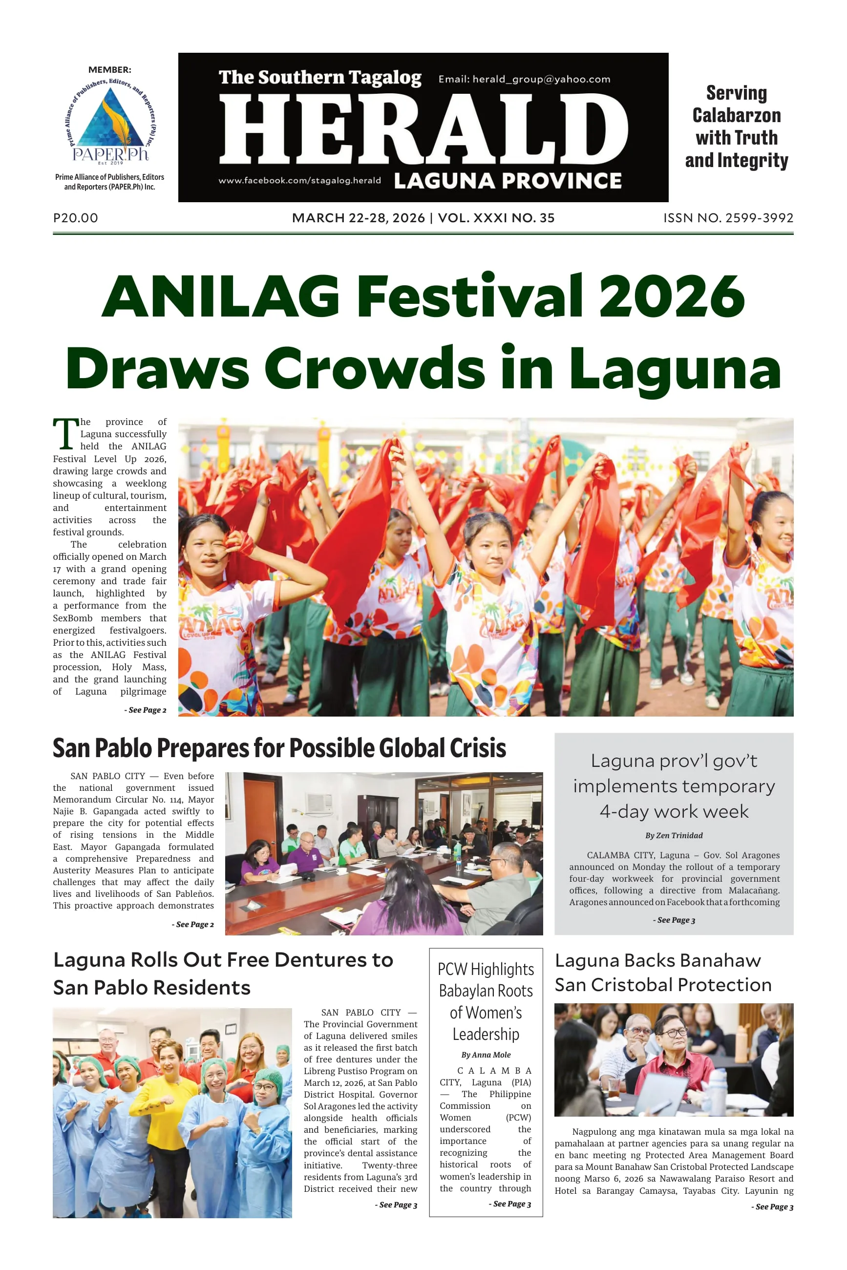 Front page of The Southern Tagalog Herald, Laguna edition, led by the headline "ANILAG Festival 2026 Draws Crowds in Laguna" over a photo of dancers in red festival costumes.