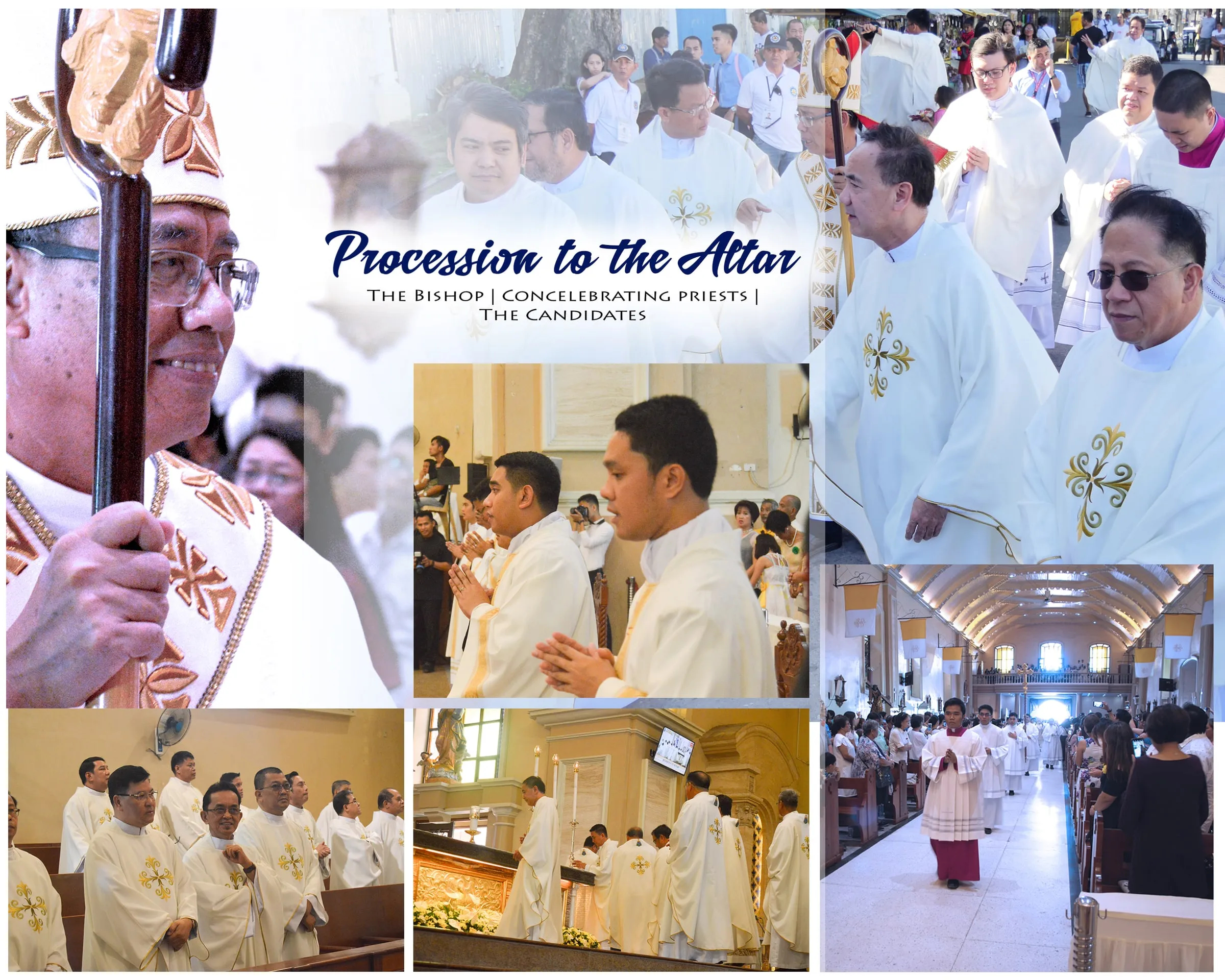Album spread "Procession to the Altar", a collage of the bishop, concelebrating priests and the candidates entering the cathedral.