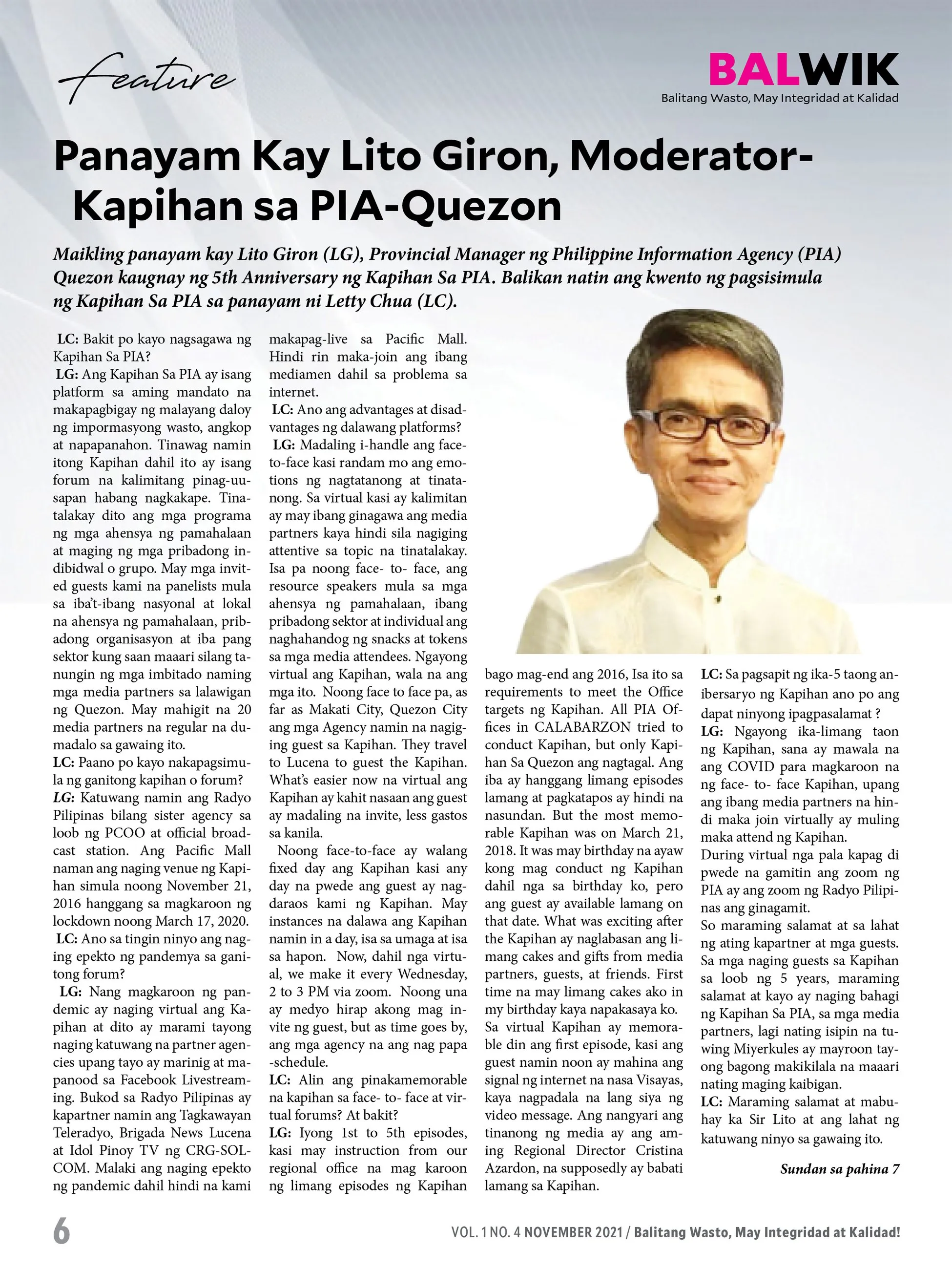 BALWIK feature spread: an interview with a provincial information officer, with a portrait in the right-hand column.
