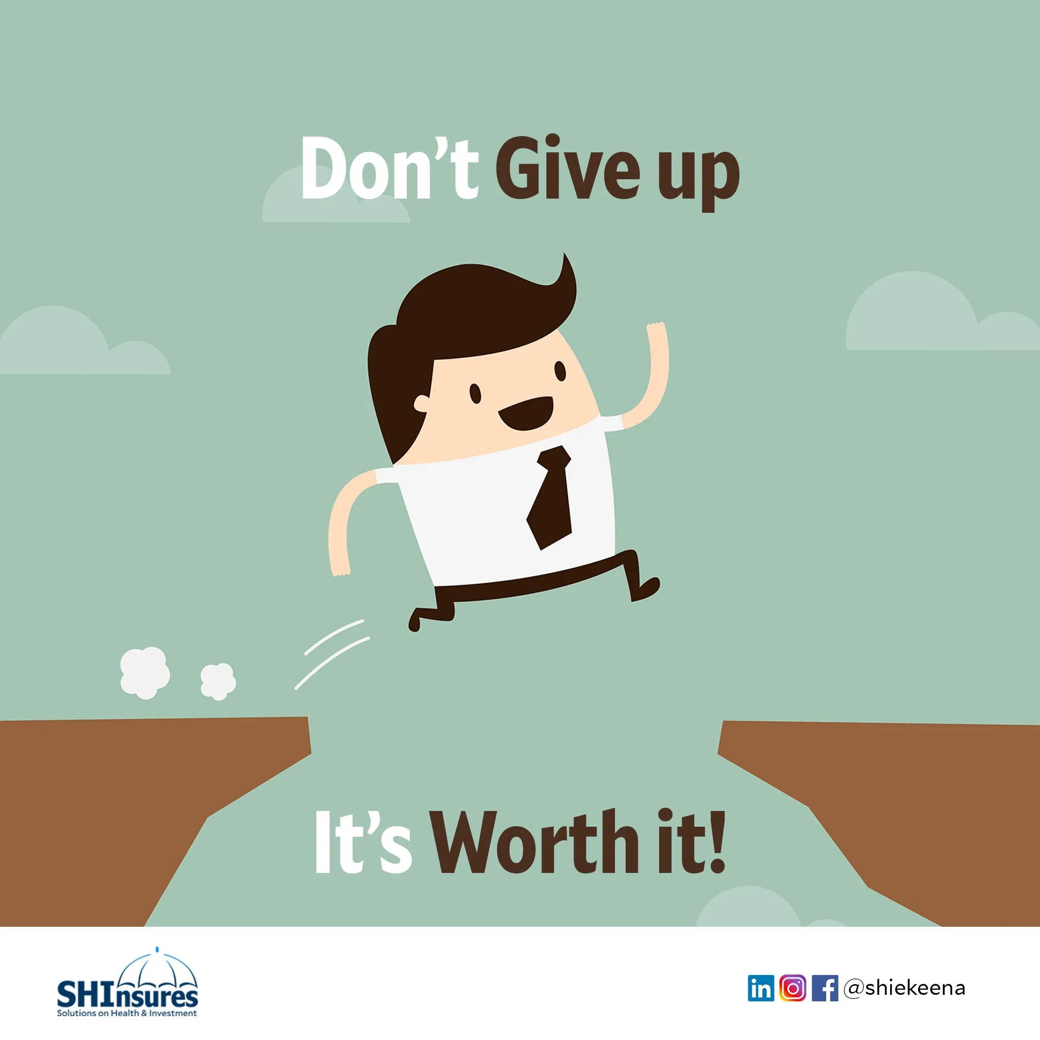 Illustrated post "Don't give up, it's worth it!" with a cartoon businessman leaping across a gap.