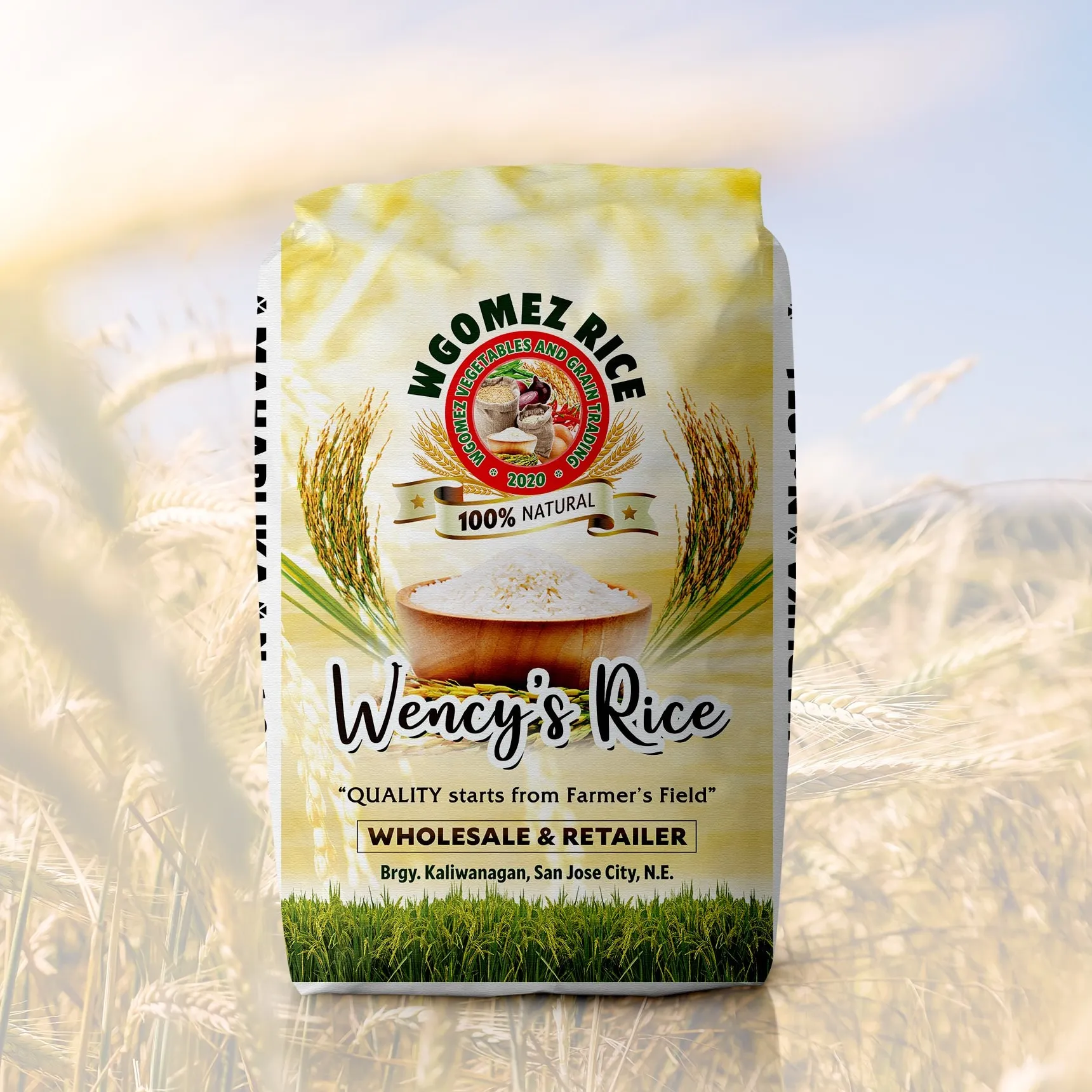 Mockup of a yellow WGomez Rice "Wency's Rice" sack standing in a wheat field.