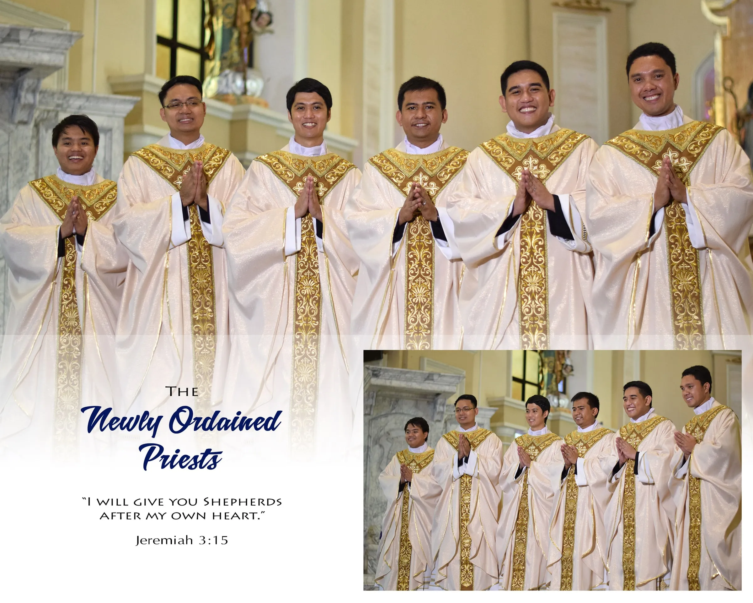 Album spread "The Newly Ordained Priests", with a group photo of six priests in gold-trimmed vestments.