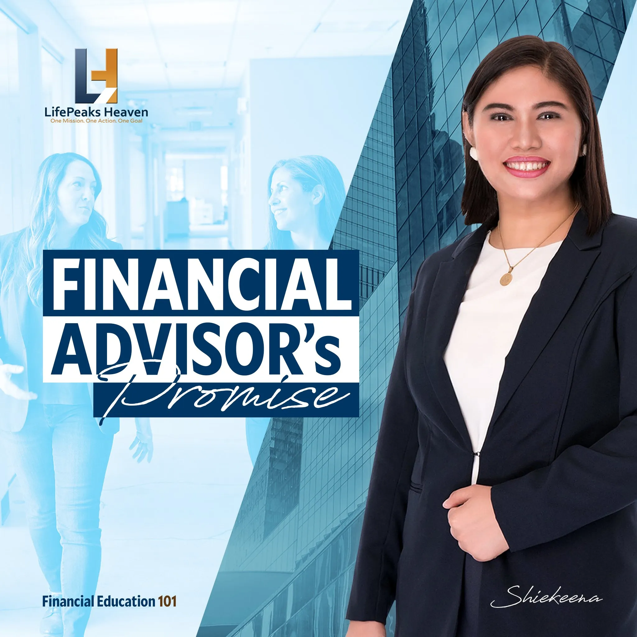 "Financial Advisor's Promise" social media post with a smiling woman in a black blazer against a glass building.