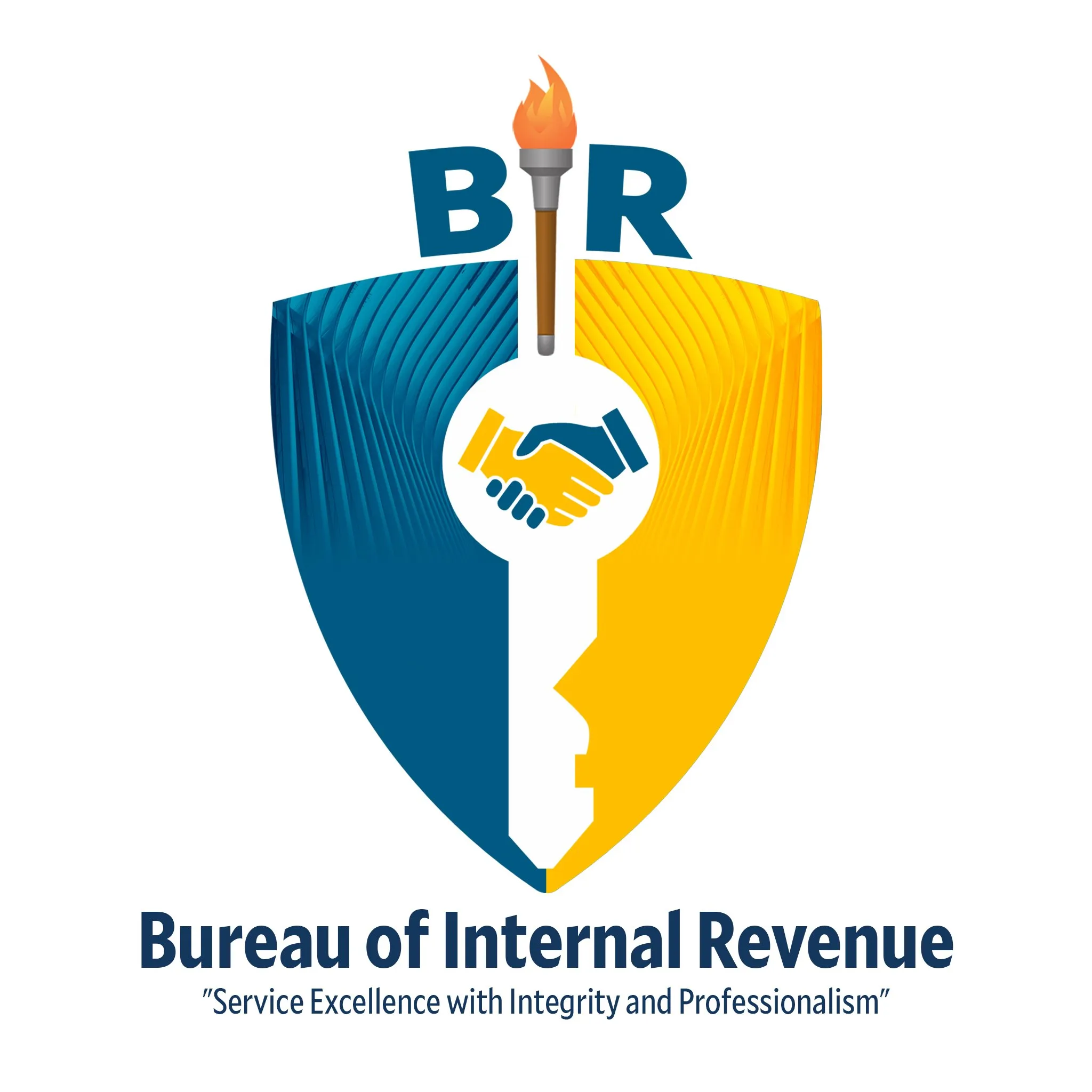 BIR contest logo: a blue and yellow shield split by a key, with a torch on top and a handshake in the middle, above "Bureau of Internal Revenue".