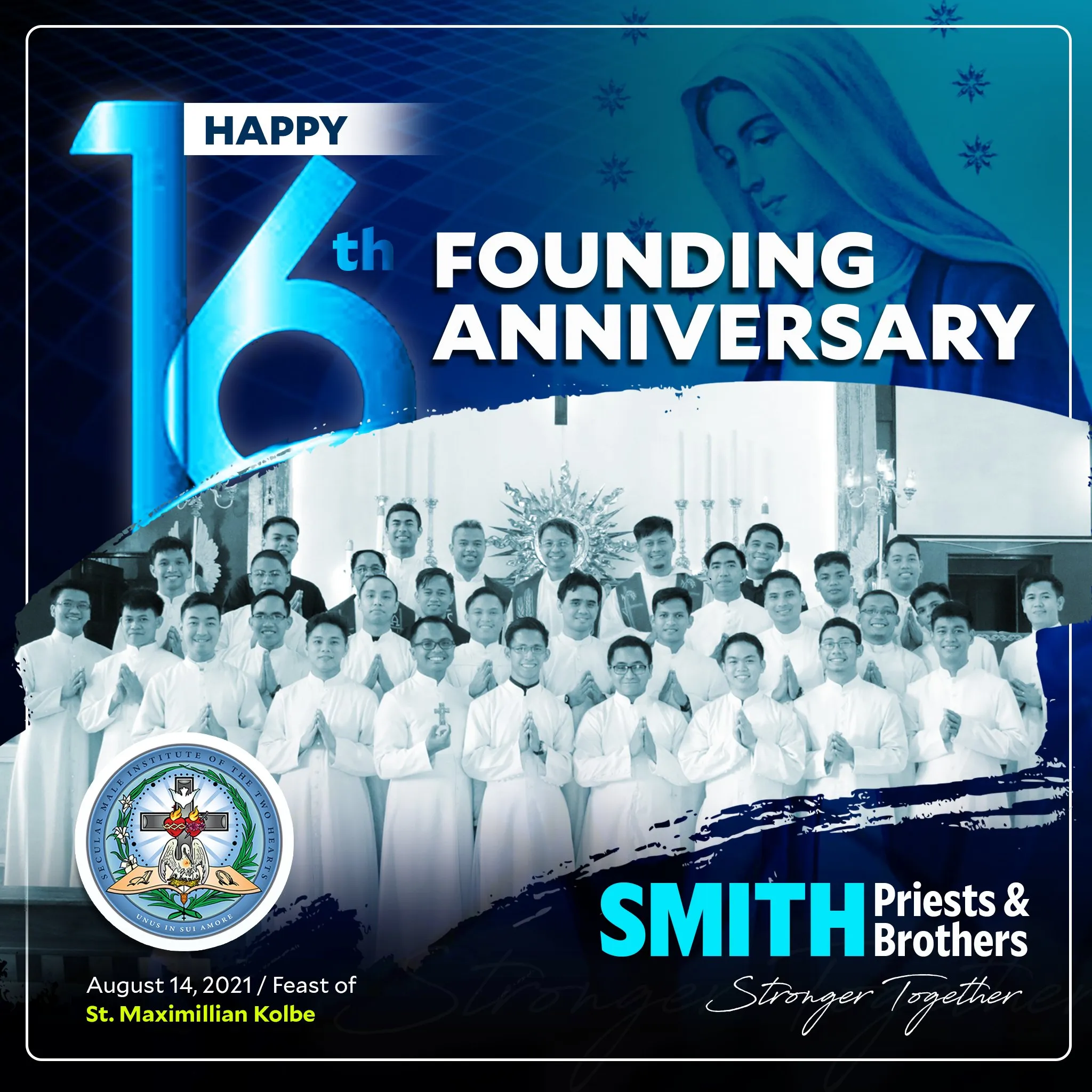 Happy 16th Founding Anniversary graphic for the SMITH Priests & Brothers, with a group photo of members in white.